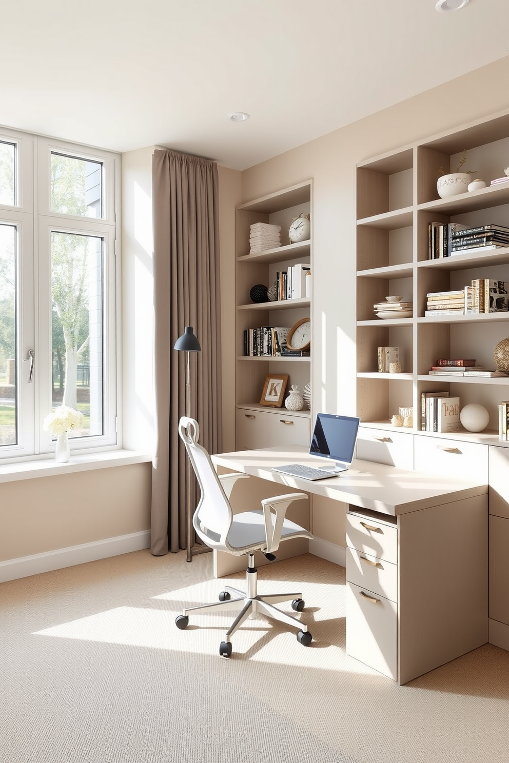 A modern study room featuring a neutral color palette for a serene vibe. The walls are painted in soft beige, complemented by a light gray desk and a comfortable white ergonomic chair. Natural light floods the space through large windows, creating a bright and inviting atmosphere. A minimalist bookshelf filled with neatly arranged books and decorative items lines one wall, enhancing the room's calm aesthetic.