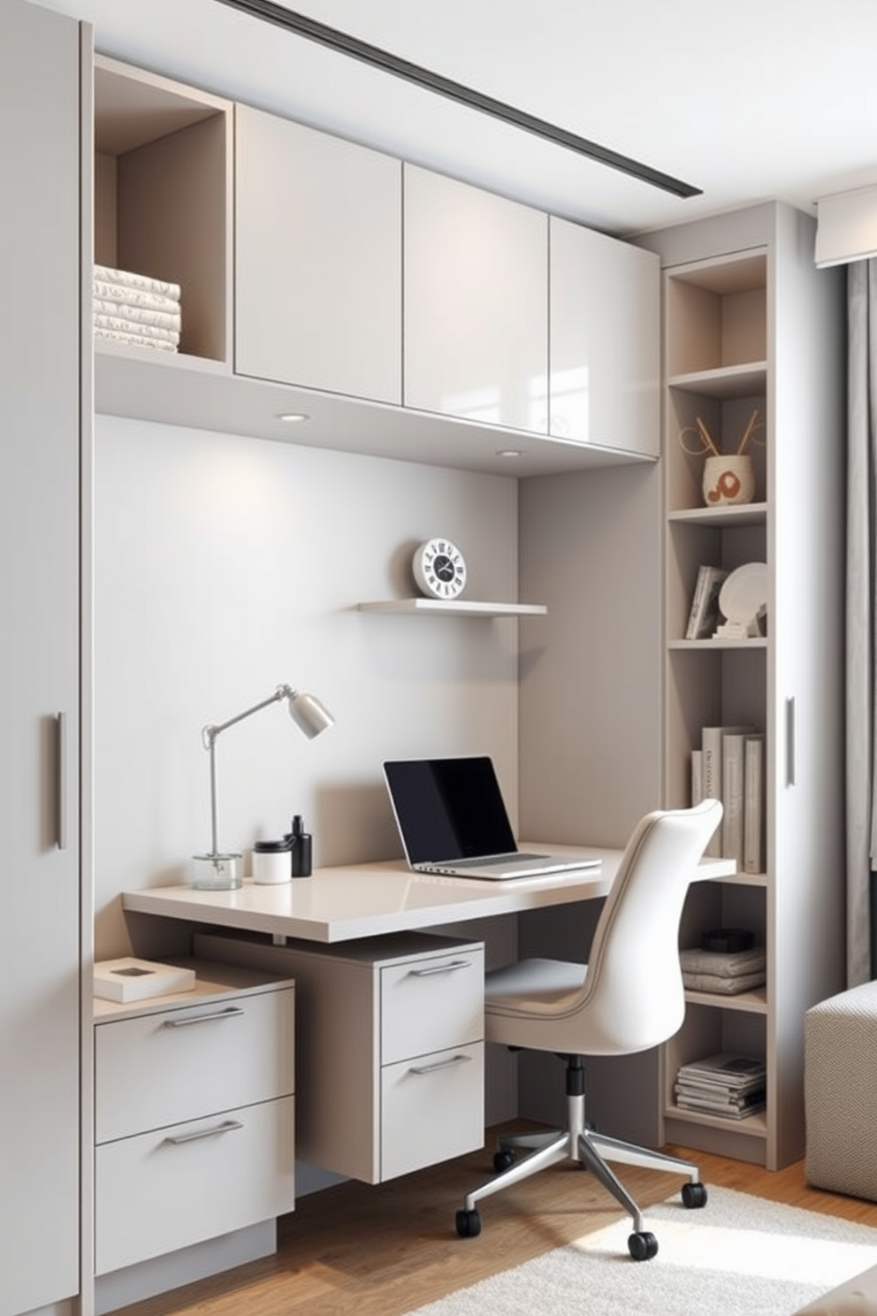 A modern study room featuring multi-functional furniture designed for small spaces. The room includes a sleek desk that folds into the wall, paired with a comfortable chair that can be tucked away when not in use. The color palette consists of light grays and soft whites, creating an airy atmosphere. Shelving units are integrated into the walls to maximize storage while maintaining a clean and organized look.