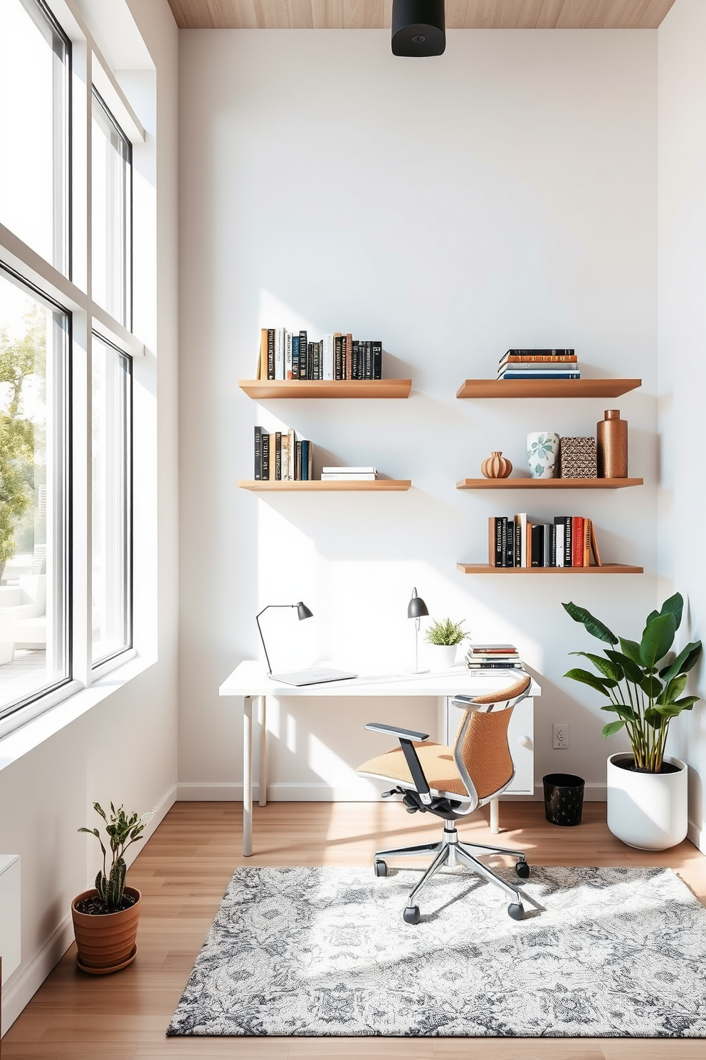 A modern study room features sleek floating shelves mounted on the walls, providing ample storage space for books and decorative items. The shelves are complemented by a minimalist desk with a comfortable ergonomic chair, creating an inviting workspace. Natural light floods the room through large windows, highlighting the clean lines and neutral color palette. A stylish area rug adds warmth to the space, while a few potted plants bring a touch of greenery to the modern design.