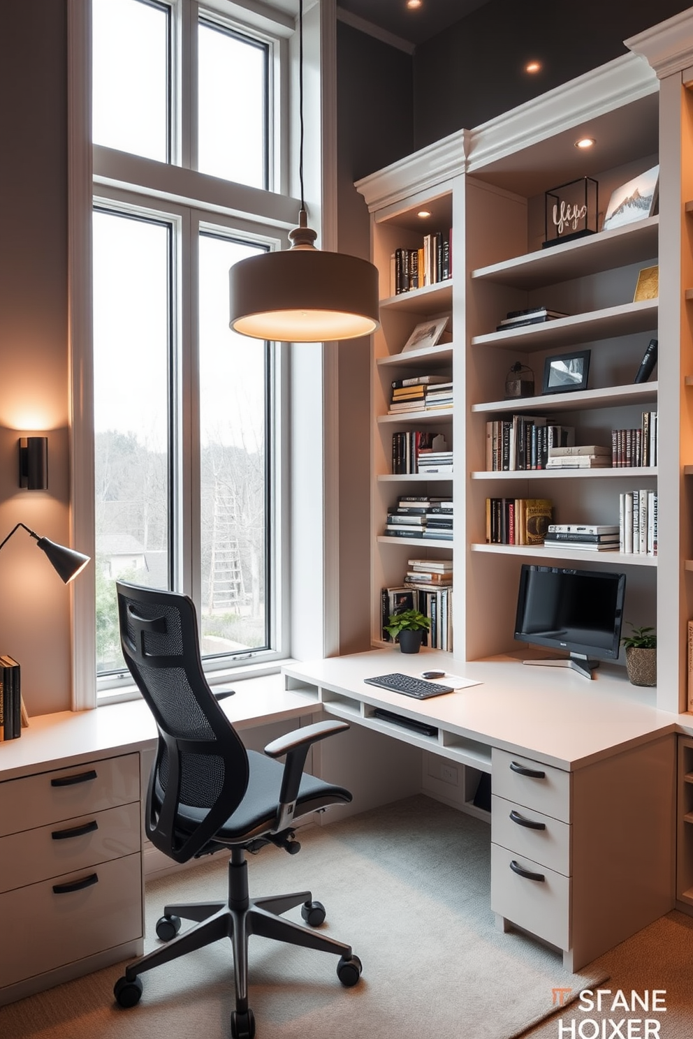 A modern study room featuring layered lighting that enhances functionality and ambiance. The room includes a sleek desk with a comfortable ergonomic chair, surrounded by adjustable wall sconces and a stylish pendant light overhead. The walls are adorned with built-in bookshelves filled with books and decorative items, creating an inviting atmosphere. A large window allows natural light to flood the space, complemented by soft, warm light from the fixtures for evening use.