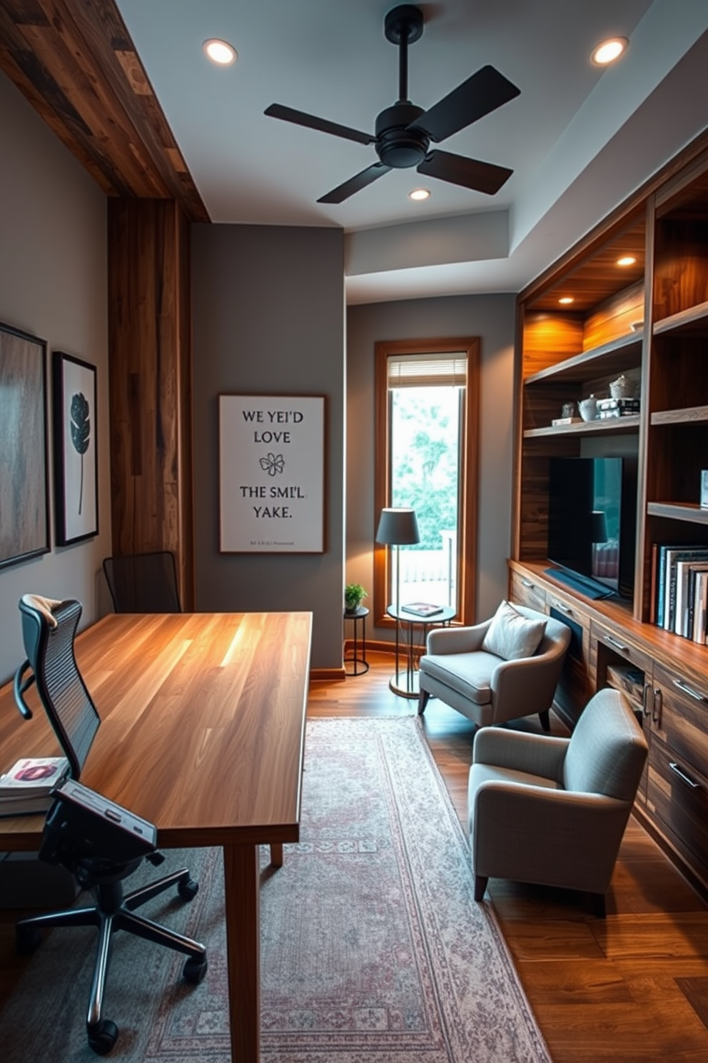 A modern study room featuring rustic wood accents that bring warmth and charm to the space. The design includes a large wooden desk with a natural finish, complemented by an ergonomic chair and built-in shelves made of reclaimed wood. Soft ambient lighting illuminates the room, highlighting a cozy reading nook with a plush armchair and a small side table. The walls are adorned with inspirational artwork and a large window allows natural light to flood in, creating an inviting atmosphere.