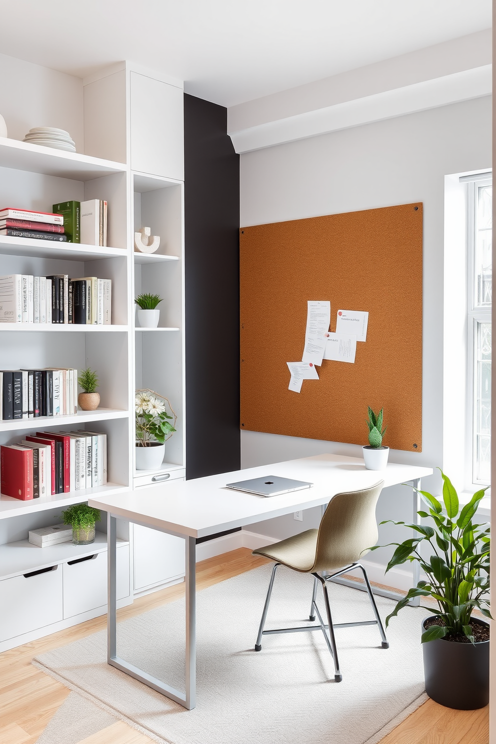 A modern study room featuring creative use of wall space for organization. The walls are adorned with sleek shelving units that display books and decorative items, while a large corkboard provides a space for notes and inspiration. A minimalist desk sits in front of a window, offering natural light and a view of the outdoors. A comfortable chair complements the desk, and potted plants add a touch of greenery to the overall design.