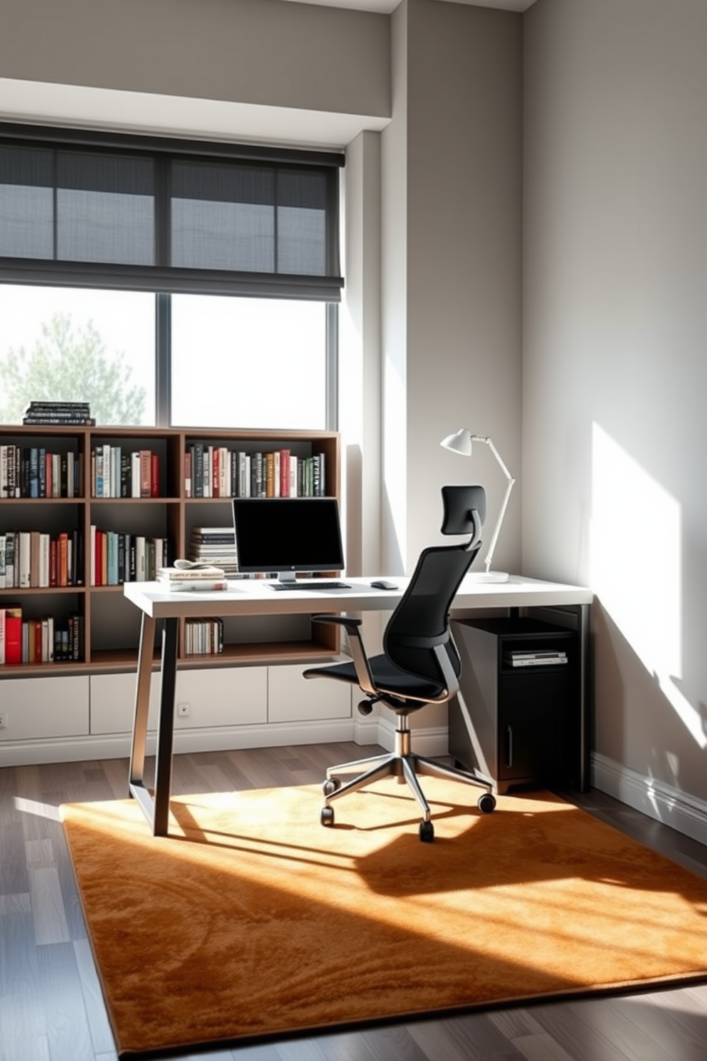 A modern study room with a sleek desk positioned near a large window, allowing natural light to flood the space. The walls are painted in a soft gray, creating a calming atmosphere, while a stylish bookshelf filled with books adds character to the room. A comfortable ergonomic chair sits at the desk, paired with a minimalist lamp that provides focused lighting for work. A cozy rug in warm tones lies beneath the desk, inviting relaxation and comfort as you settle in for a productive day.