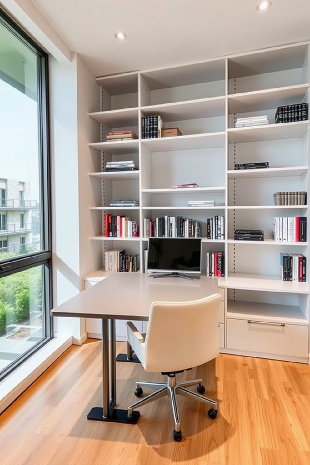 A modern study room featuring adjustable shelving that can be customized to meet various storage needs. The room is filled with natural light from large windows, and a sleek desk is positioned in front of the shelving for an efficient workspace.