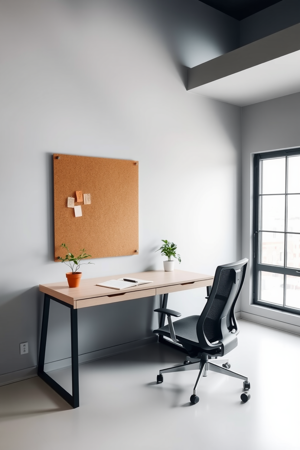 A modern study room featuring a sleek corkboard mounted on the wall for notes and ideas. The desk is minimalist with clean lines, positioned next to a large window that allows natural light to flood the space. The walls are painted in a soft gray tone, creating a calming atmosphere. A comfortable ergonomic chair complements the desk, while a potted plant adds a touch of greenery to the room.