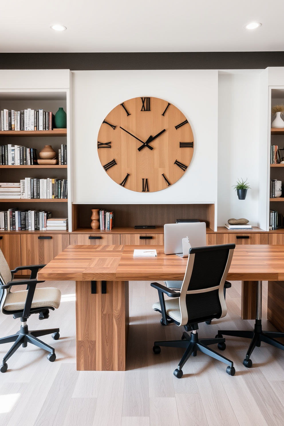 A stylish clock serves as a functional statement piece in a modern study room. The clock features a sleek design with a minimalist face and elegant hands, perfectly complementing the contemporary aesthetic of the space. The study room is designed with a clean, open layout that includes a large desk made of reclaimed wood. Surrounding the desk are ergonomic chairs and built-in shelves filled with books and decorative items, creating an inspiring and productive environment.