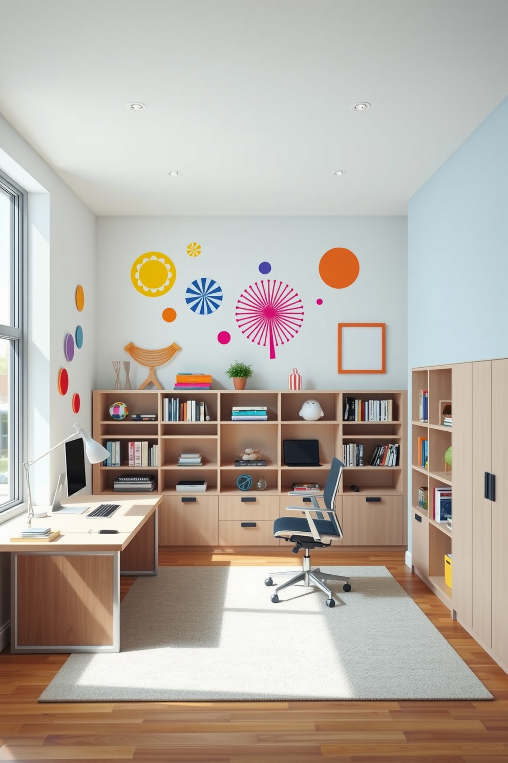 Artistic wall decals in vibrant colors adorn the walls, adding a playful touch to the modern study room. A sleek desk with a minimalist design sits against one wall, complemented by an ergonomic chair and stylish desk lamp. The room features built-in shelves filled with books and decorative items, creating an inviting atmosphere. Large windows allow natural light to flood the space, enhancing the overall aesthetic and functionality.