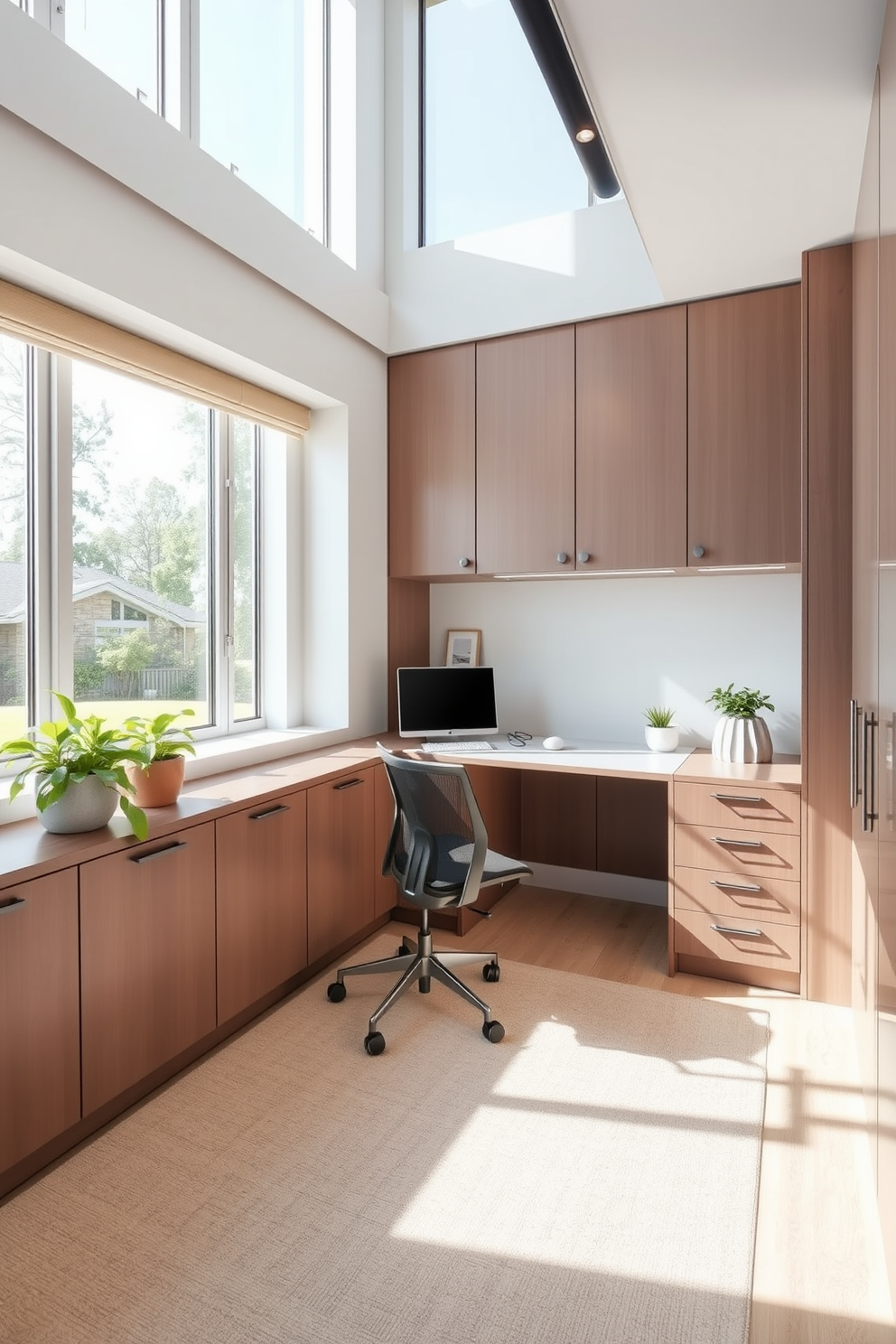 A modern study room featuring custom cabinetry that seamlessly integrates with the walls. The cabinetry includes built-in shelves and a sleek desk, creating an organized and tailored workspace. Natural light floods the room through large windows, highlighting the clean lines and contemporary finishes. A comfortable ergonomic chair complements the minimalist design, while decorative plants add a touch of warmth.