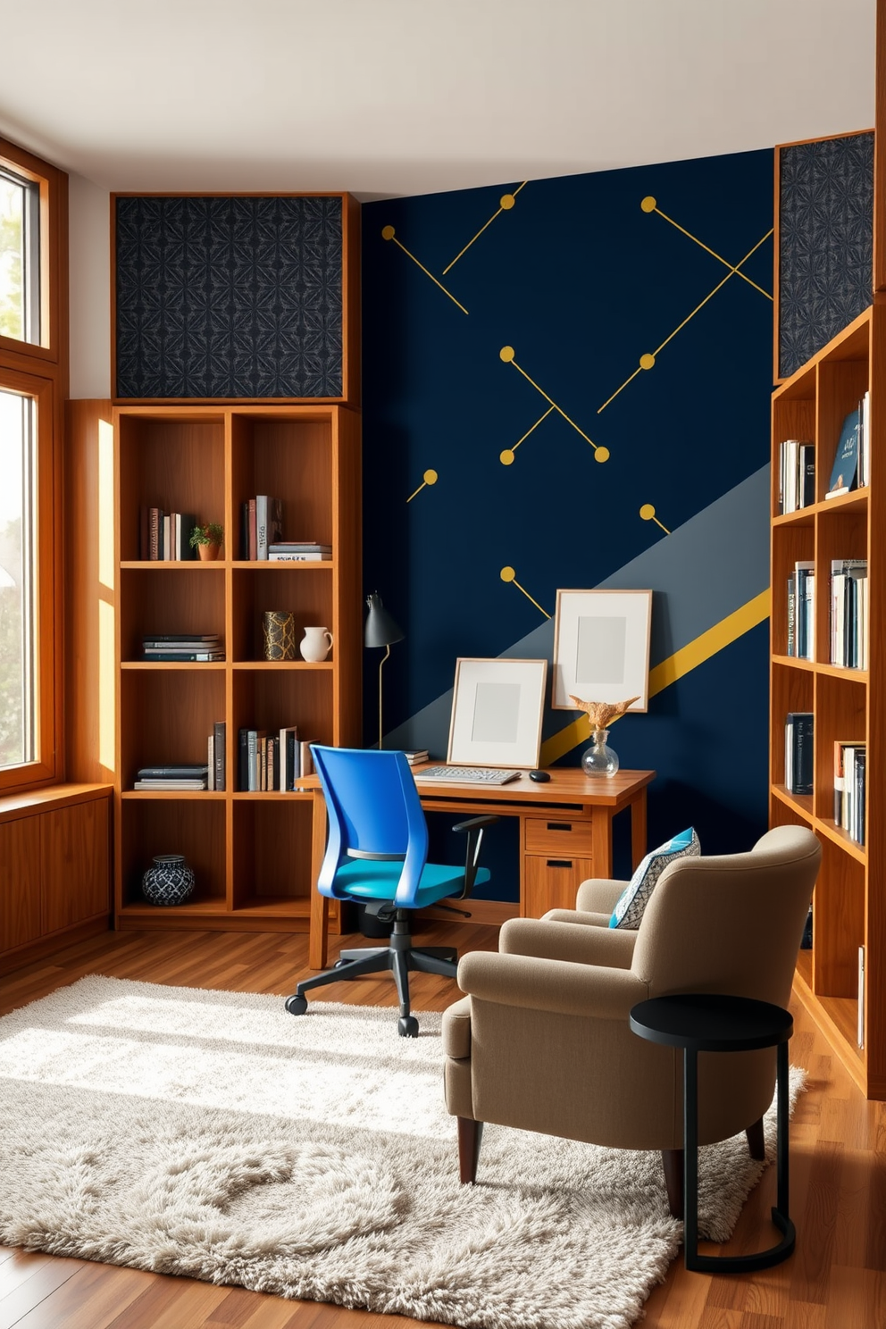 A modern study room featuring a bold accent wall adorned with geometric patterns in shades of navy and gold. The space includes a sleek wooden desk with a minimalist design, complemented by an ergonomic chair in a vibrant color. Natural light floods the room through large windows, enhancing the warm tones of the wooden bookshelves filled with neatly arranged books and decorative items. A plush area rug in a neutral tone anchors the seating area, which features a cozy armchair and a small side table for relaxation.