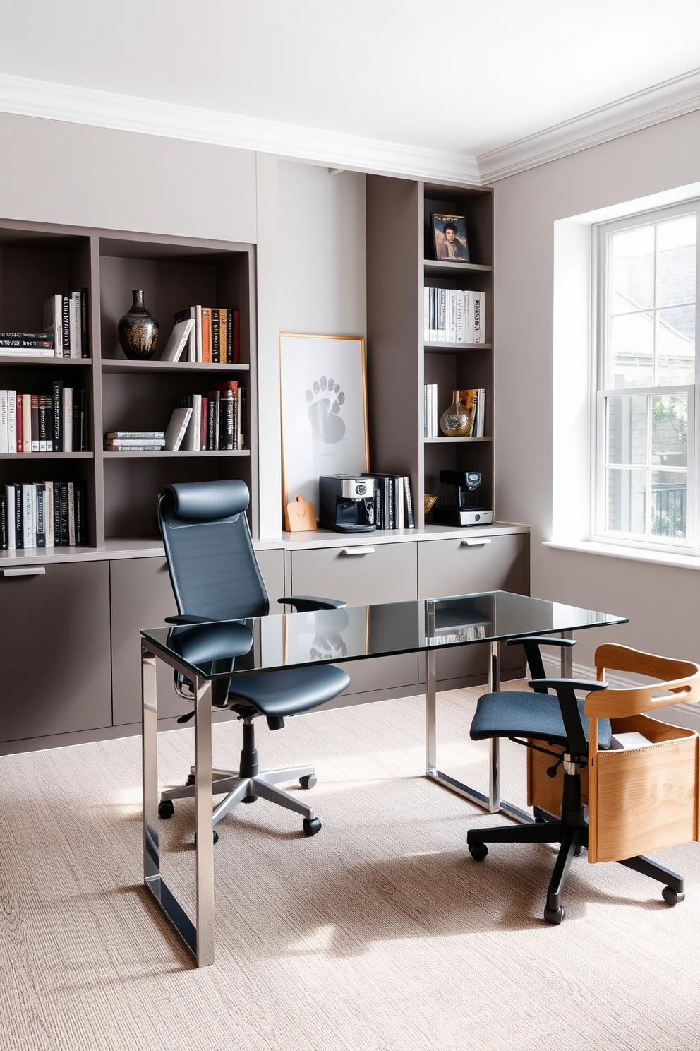 A modern study room featuring a sleek desk with a glass top and minimalist metal legs. Behind the desk, there are built-in shelves filled with books and decorative items, while a comfortable ergonomic chair adds a touch of style. In one corner, a small coffee station is set up with a compact espresso machine and a stylish wooden cart for storage. The walls are painted in a calming light gray, and a large window allows natural light to flood the space, enhancing productivity.