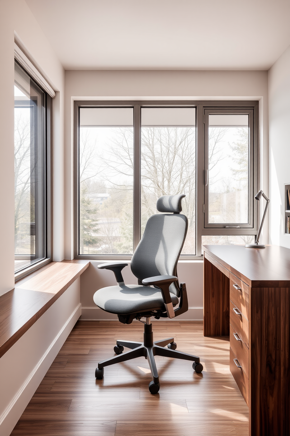 A modern study room featuring an ergonomic chair designed for optimal comfort and support. The chair is upholstered in soft fabric and is adjustable, allowing for a personalized fit. Surrounding the chair is a sleek wooden desk that complements the contemporary aesthetic. Large windows provide ample natural light, enhancing the inviting atmosphere of the space.