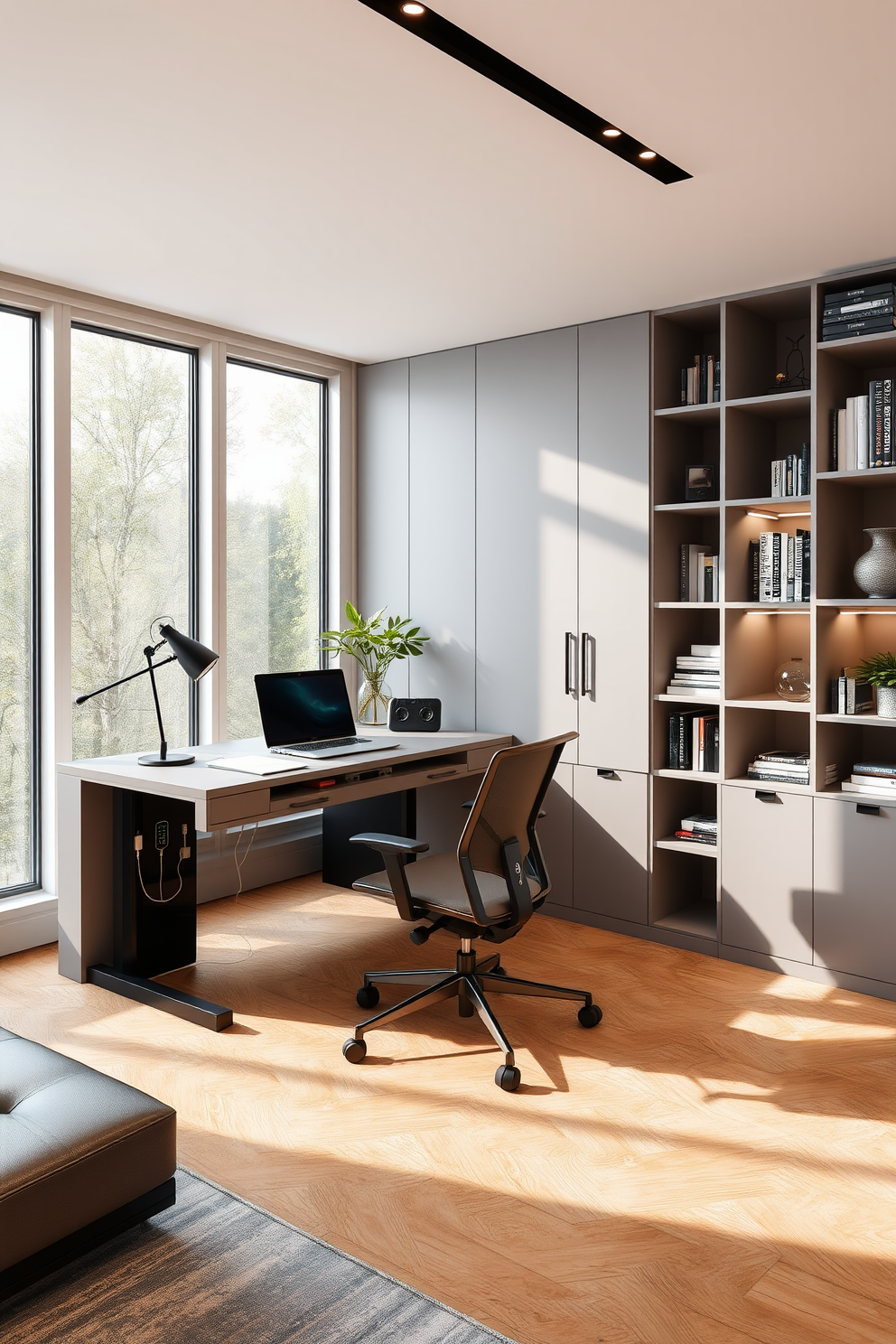 A modern study room featuring integrated technology for a smart workspace. The room includes a sleek desk with built-in charging stations and an ergonomic chair that promotes comfort during long hours of work. Large windows allow natural light to flood the space, complemented by smart lighting that adjusts according to the time of day. The walls are adorned with minimalist shelving units that hold books and decorative items, creating an organized and inspiring environment.