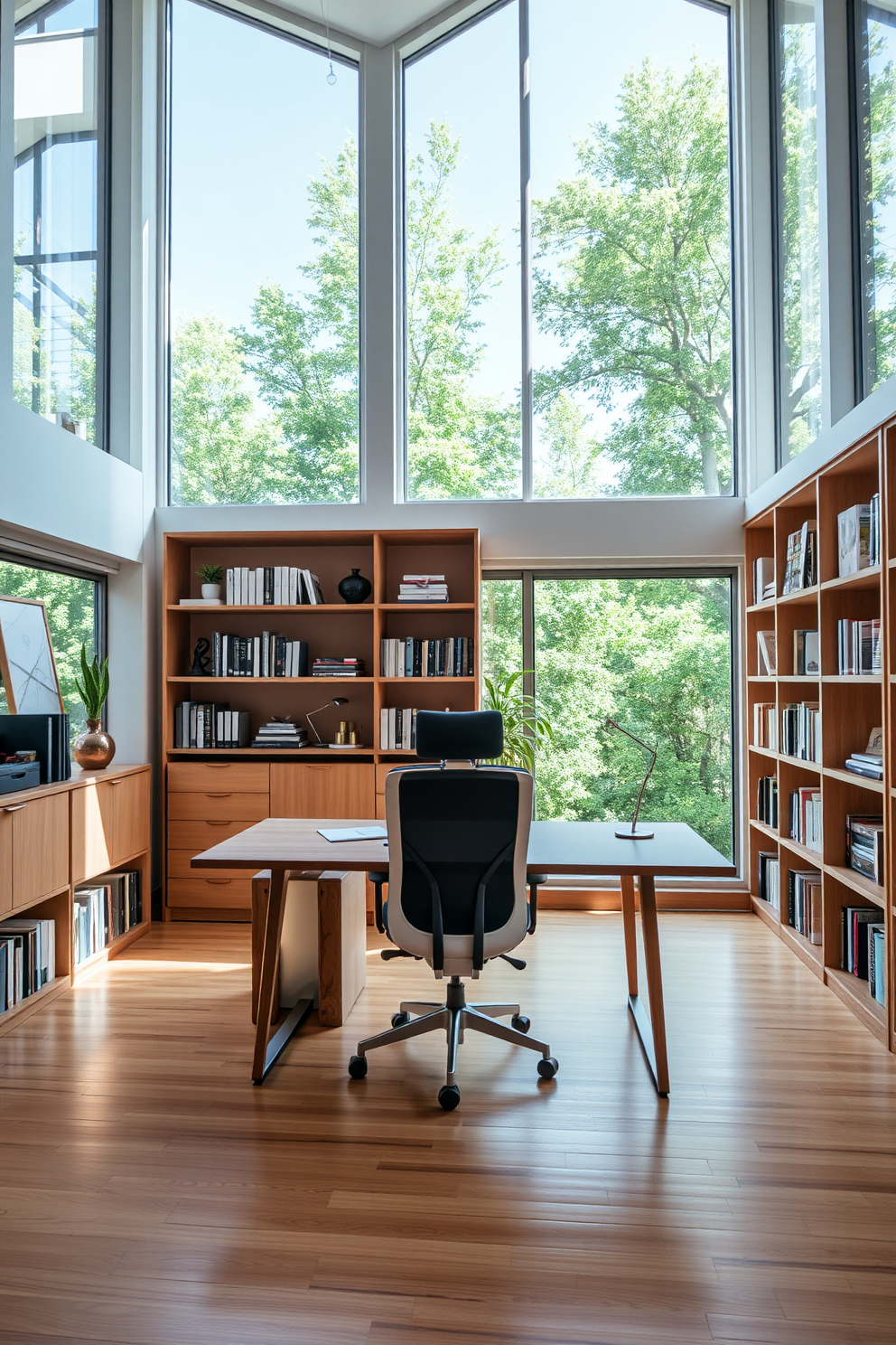 A modern study room with large windows that flood the space with natural light creating a bright and airy atmosphere. The room features a sleek wooden desk paired with a comfortable ergonomic chair, surrounded by shelves filled with books and decorative items.