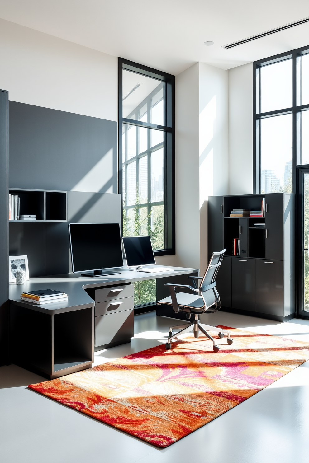 A sleek modern study room features modular furniture that can be easily rearranged to suit various needs. The room includes a clean-lined desk with integrated storage, a comfortable ergonomic chair, and a cozy reading nook with a small bookshelf. Natural light floods the space through large windows, illuminating the minimalist decor. The walls are painted in a soft neutral tone, complemented by a vibrant area rug that adds warmth and texture to the room.