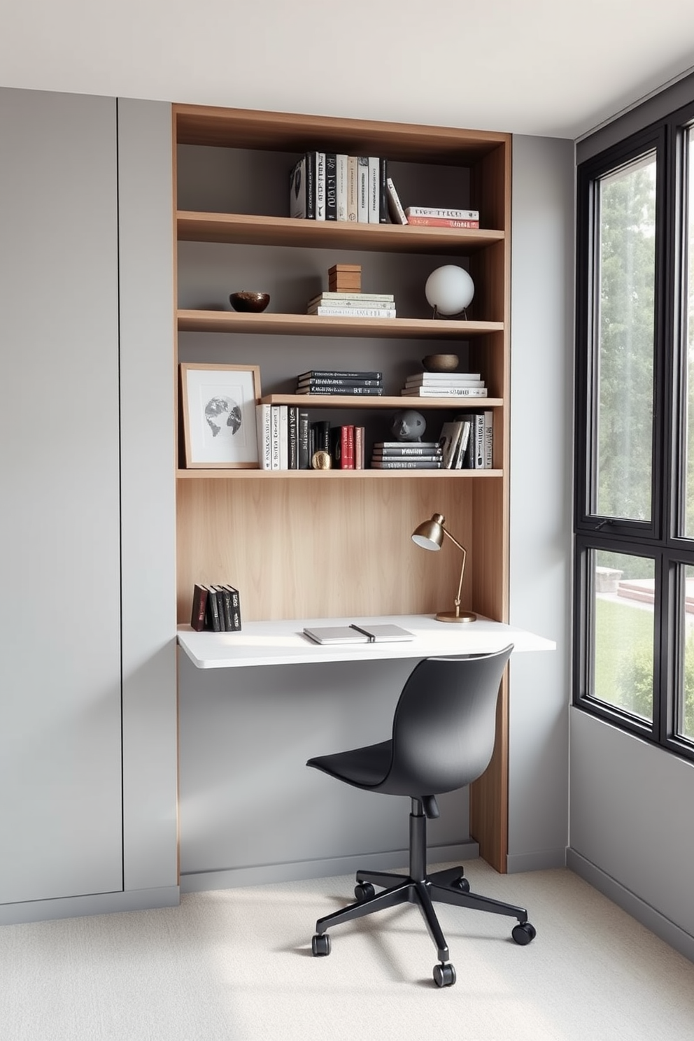 A sleek wall-mounted desk is positioned against a light gray wall, maximizing space in a compact study area. Above the desk, open shelving holds books and decorative items, creating an organized and stylish workspace. The chair is minimalist and ergonomic, providing comfort without taking up too much room. A large window allows natural light to flood the space, enhancing the overall ambiance and functionality of the modern study room.