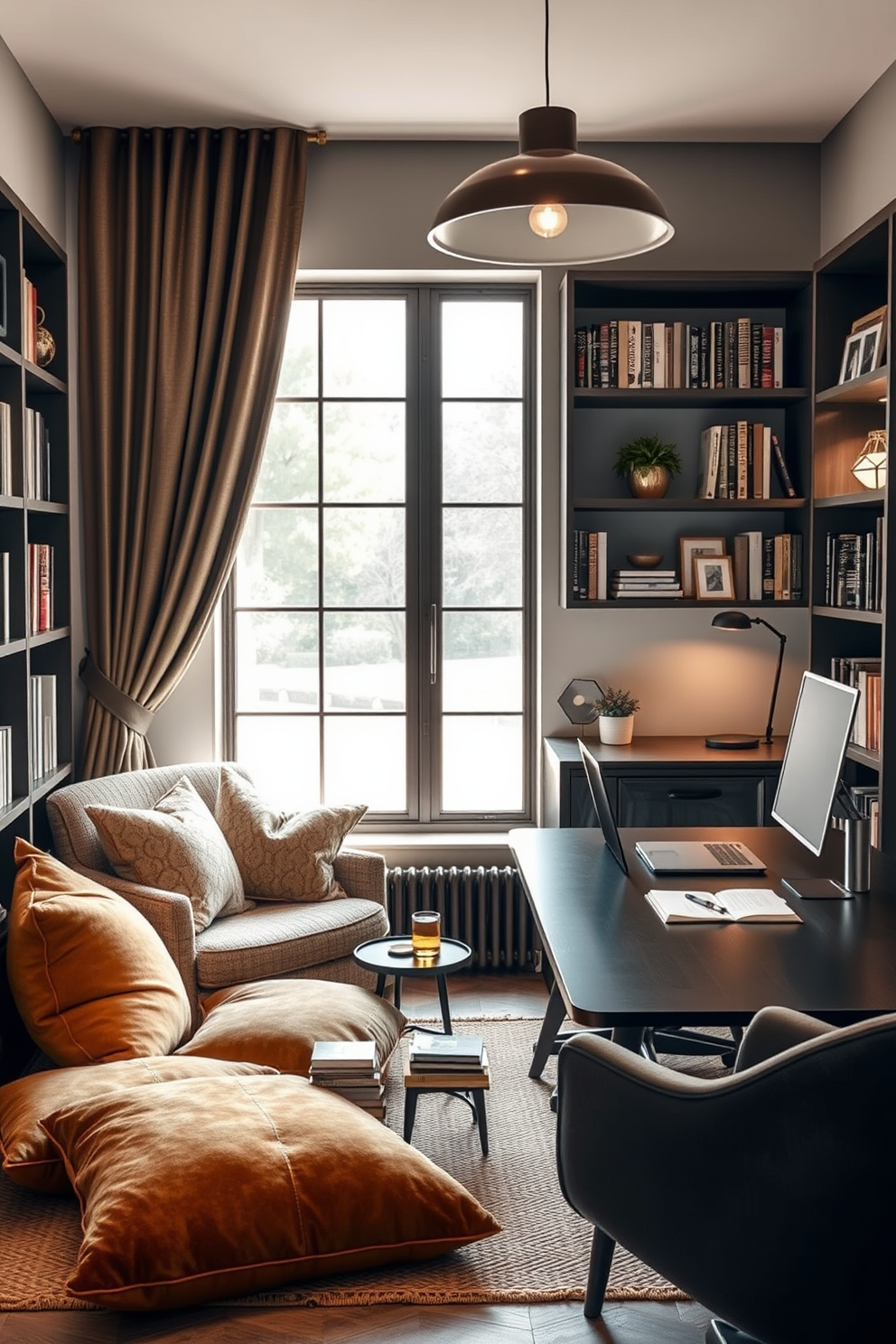 Cozy reading nook with plush cushions. A comfortable armchair is positioned next to a large window, allowing natural light to flood the space. Soft, oversized cushions in warm tones are scattered on a woven rug, creating an inviting atmosphere. A small side table holds a stack of books and a steaming cup of tea. Modern study room design ideas. The workspace features a sleek desk with a minimalist design, paired with an ergonomic chair for comfort. Large shelves line the walls, filled with books and decorative items, while a stylish pendant light hangs above to provide ample illumination.