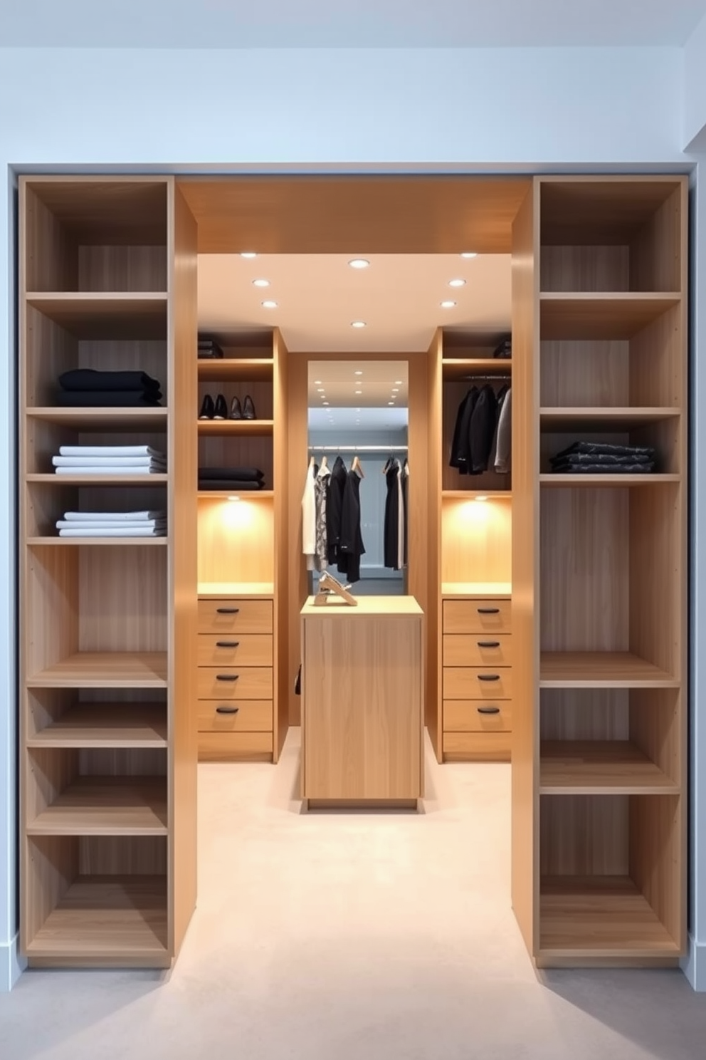 Sleek minimalist shelving units for storage. The units are made of light wood with clean lines and open spaces, allowing for easy access and organization of items. Modern walk-in closet design ideas. The closet features floor-to-ceiling shelving in a neutral color, with a central island for accessories and a full-length mirror to enhance the spacious feel.