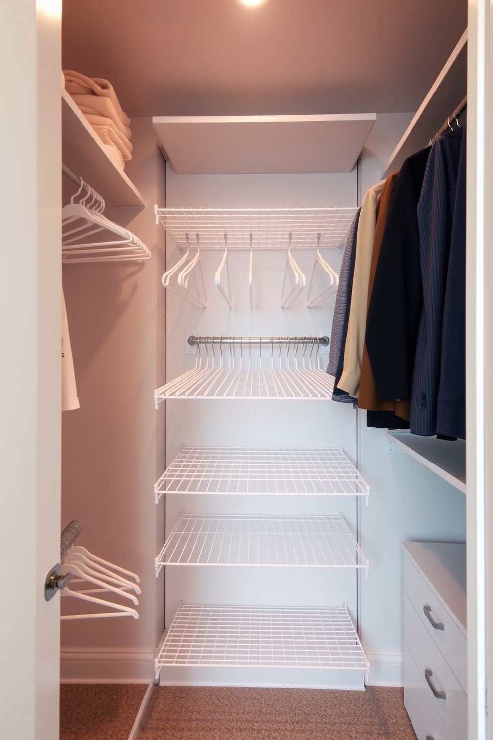 A modern walk-in closet featuring multi-tiered hanging rods for versatile storage options. The space is illuminated by soft overhead lighting, creating a warm and inviting atmosphere.