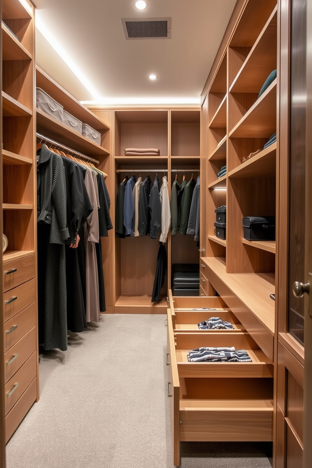 A modern walk-in closet featuring sleek pull-out drawers for hidden storage creates an organized and stylish space. The design includes custom shelving and soft lighting to enhance the luxurious feel of the closet.