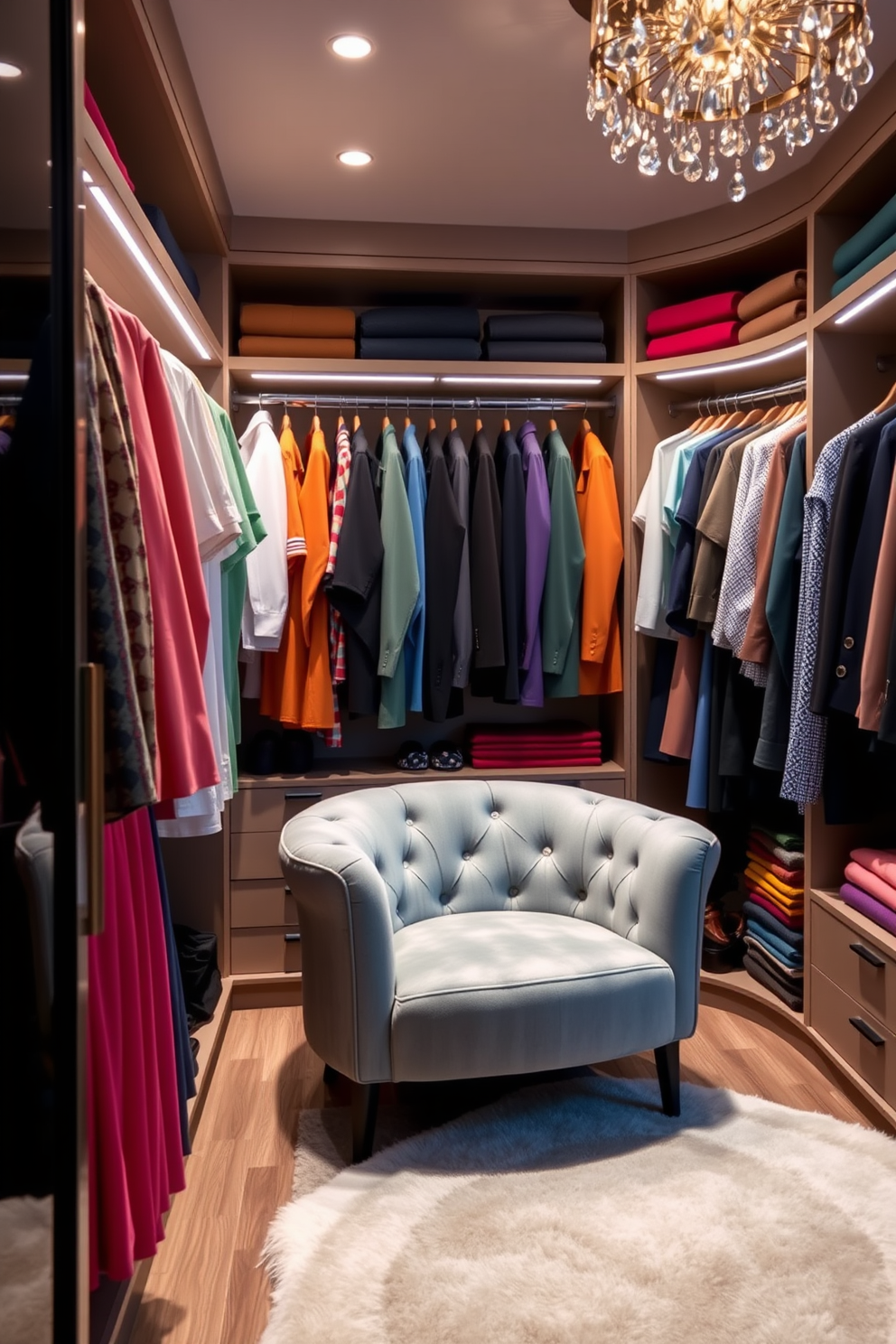 A modern walk-in closet featuring color-coordinated clothing arranged by hue for visual appeal. The space includes built-in shelving, elegant lighting, and a plush seating area for comfort.