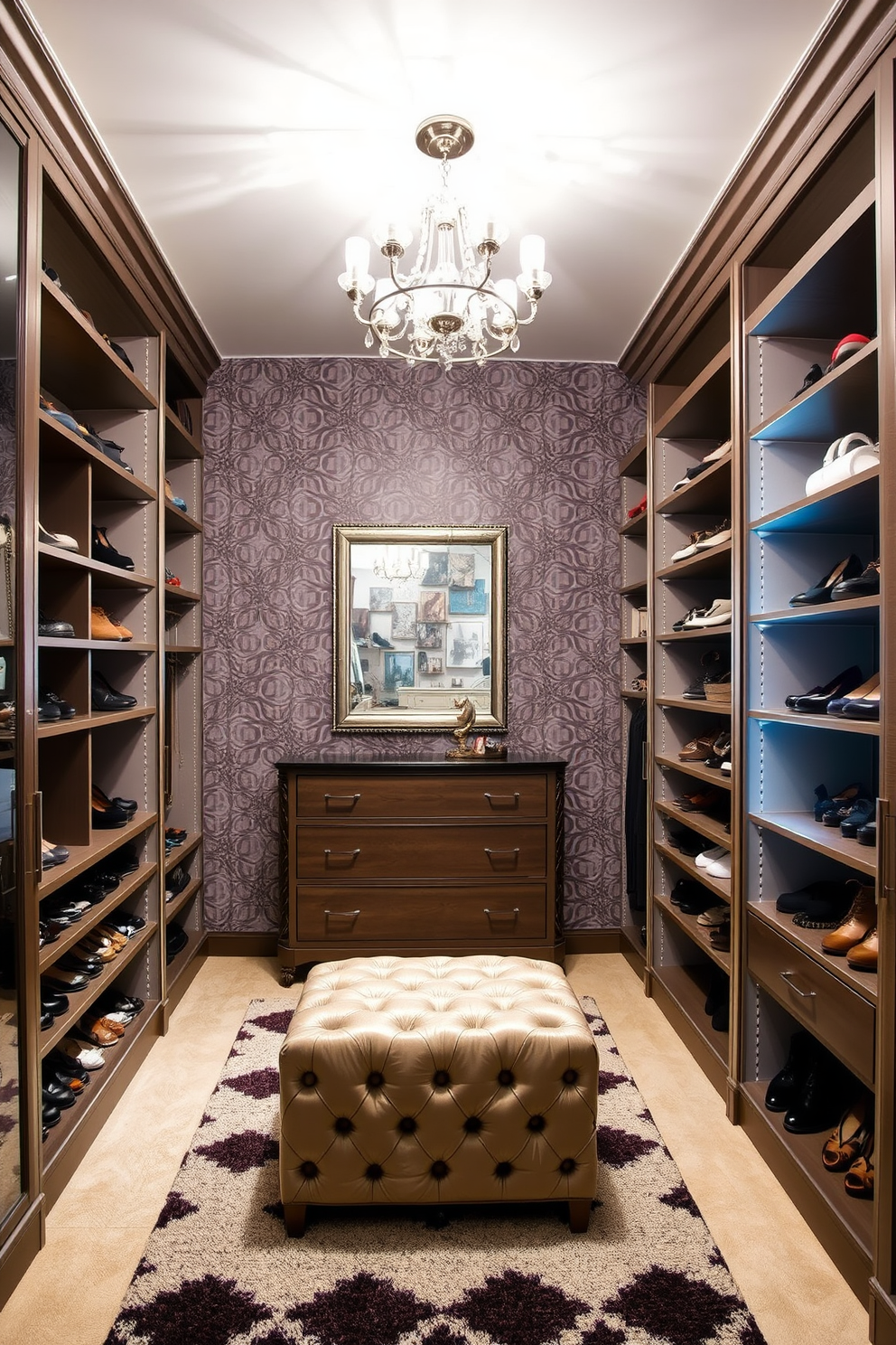 A stylish walk-in closet featuring accent wallpaper that showcases a bold geometric pattern. The space is illuminated by a chic chandelier, enhancing the luxurious atmosphere. Custom shelving units line the walls, providing ample storage for shoes and accessories. A plush ottoman sits in the center, inviting relaxation and convenience while dressing.