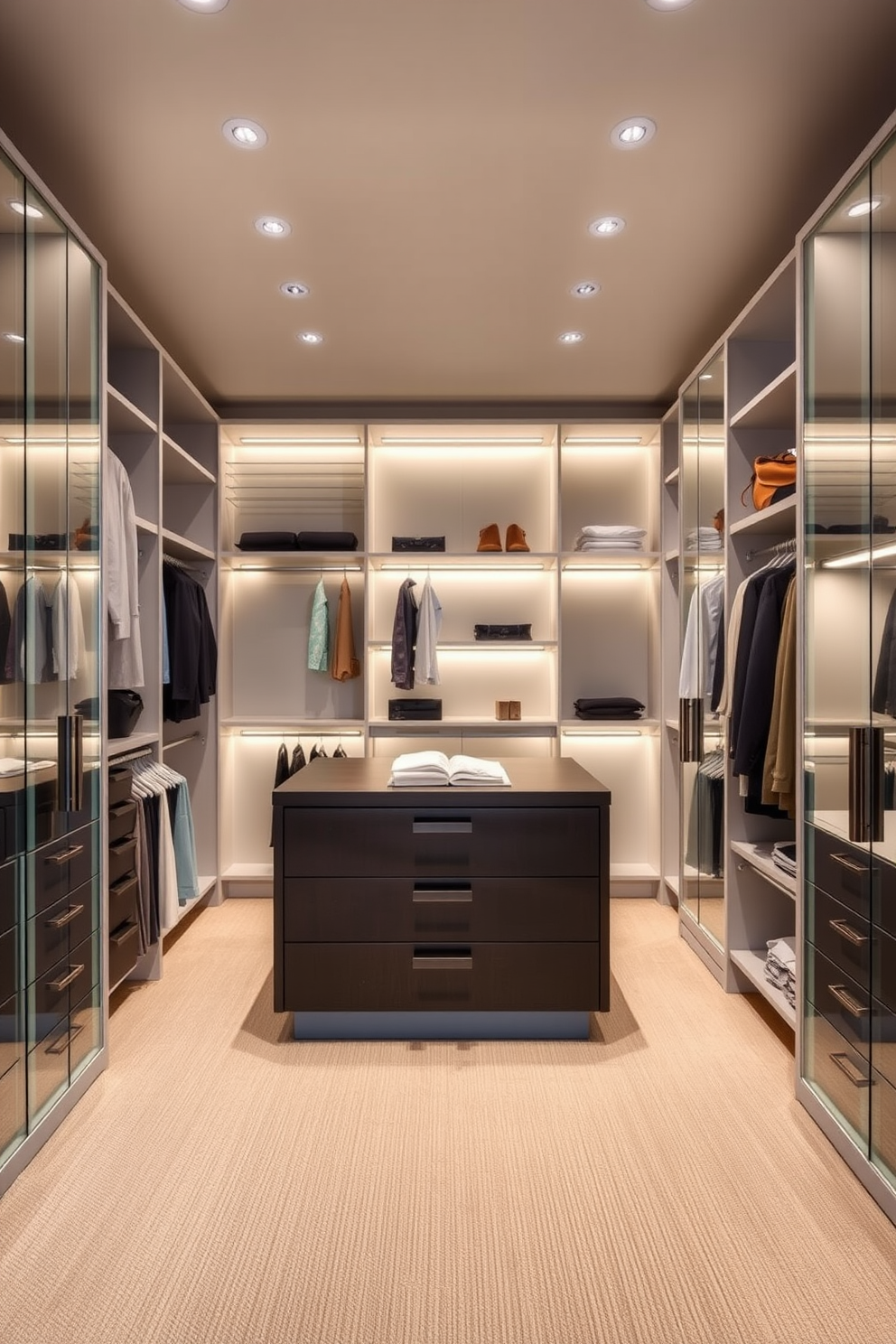 A spacious modern walk-in closet featuring an island in the center with drawers for additional storage. The closet is illuminated by soft lighting and showcases a mix of open shelving and hanging space for clothing and accessories.