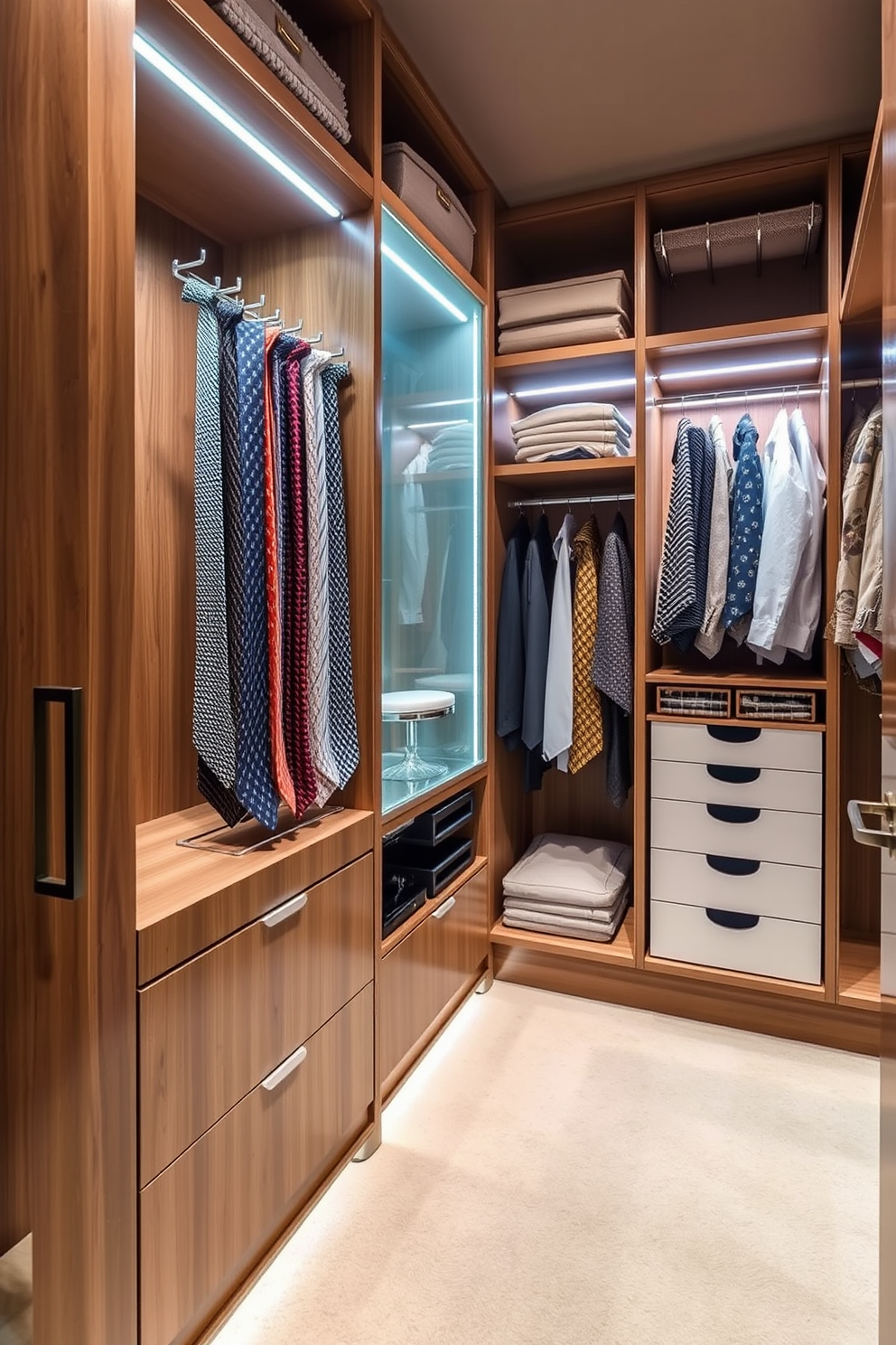 A modern walk-in closet featuring sleek tie racks and accessory organizers for optimal neatness. The space is illuminated with soft LED lighting, highlighting the elegant wood finishes and plush carpeting.