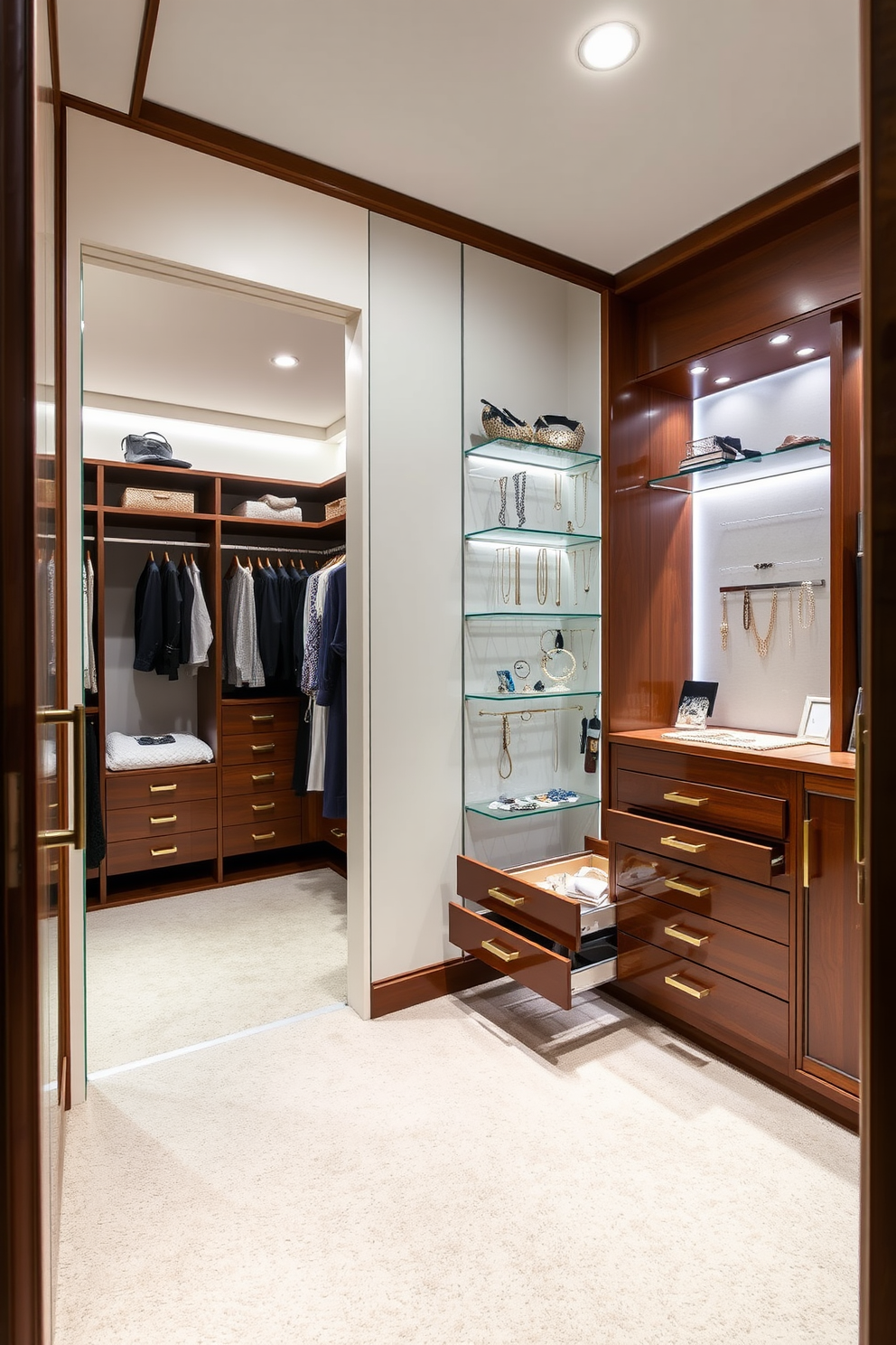 A luxurious walk-in closet featuring built-in jewelry storage for easy access. The space includes custom shelving and drawers, elegantly displaying a variety of accessories while maintaining a sleek and organized appearance. The closet is designed with soft ambient lighting that highlights the jewelry and clothing. Rich wood finishes and plush carpeting create a warm and inviting atmosphere.