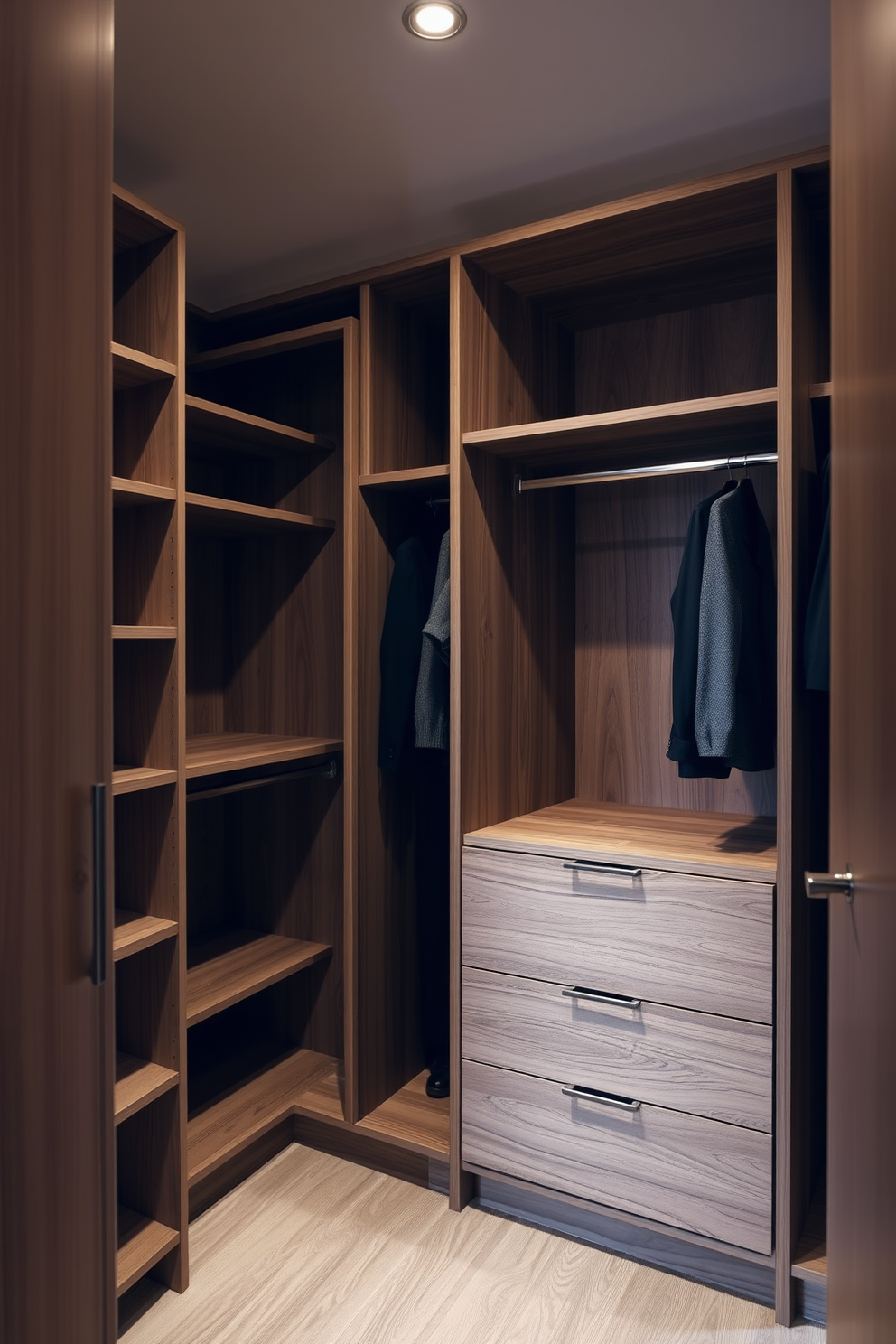 A modern walk-in closet featuring natural wood finishes that create a warm and inviting atmosphere. The space includes built-in shelving and hanging rods, with soft ambient lighting highlighting the rich textures of the wood.