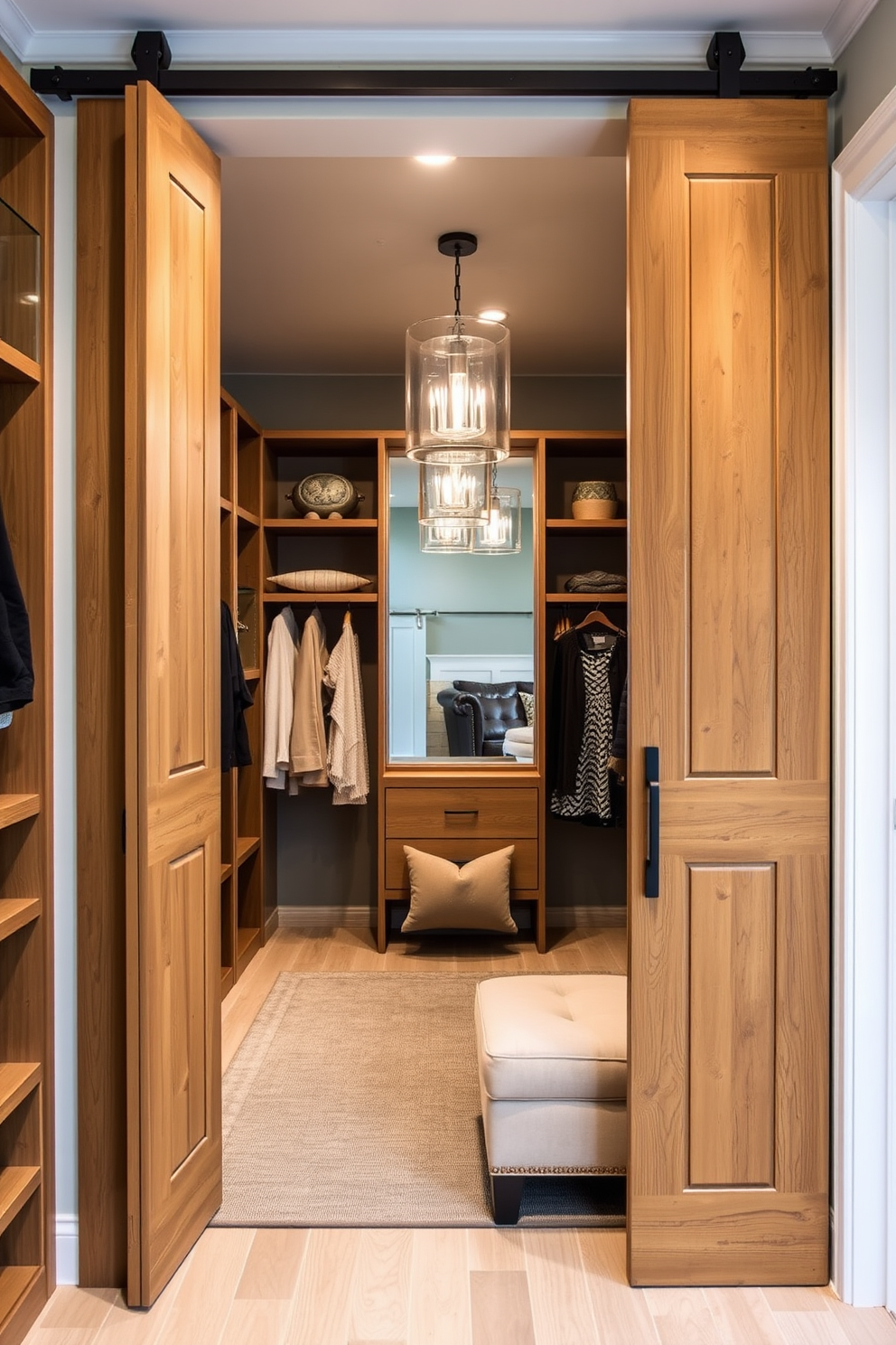 A modern walk-in closet featuring sliding barn doors adds a rustic touch to the space. The interior is designed with open shelving, elegant lighting fixtures, and a plush seating area for comfort.