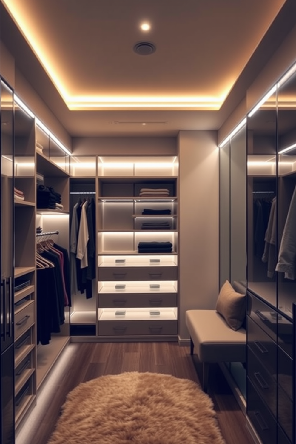 A modern walk-in closet featuring sleek LED strip lighting that creates a warm and inviting ambiance. The space includes custom shelving units, a plush seating area, and a full-length mirror, all designed to enhance functionality and style.