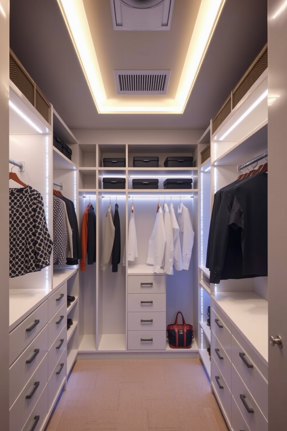 A modern walk-in closet featuring integrated lighting that enhances visibility throughout the space. The design includes custom shelving and hanging areas, with soft LED lights illuminating the clothing and accessories.