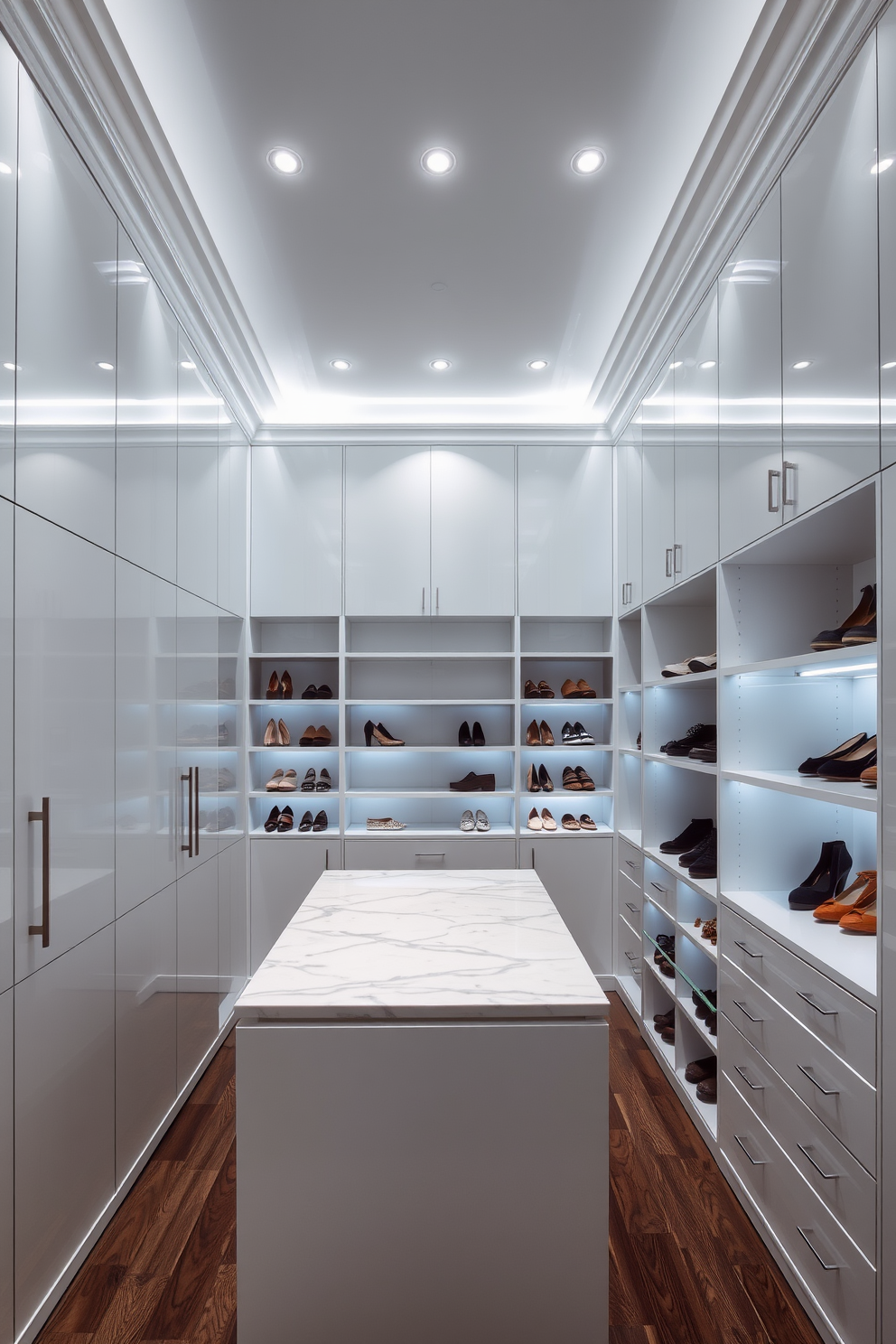 A modern walk-in closet featuring sleek cabinetry with a high-gloss finish. The space includes an island in the center topped with a light marble surface, surrounded by organized shelves for shoes and accessories. Crown molding enhances the elegance of the room, providing a polished finish that complements the overall design. Soft ambient lighting highlights the textures and colors, creating a luxurious atmosphere.