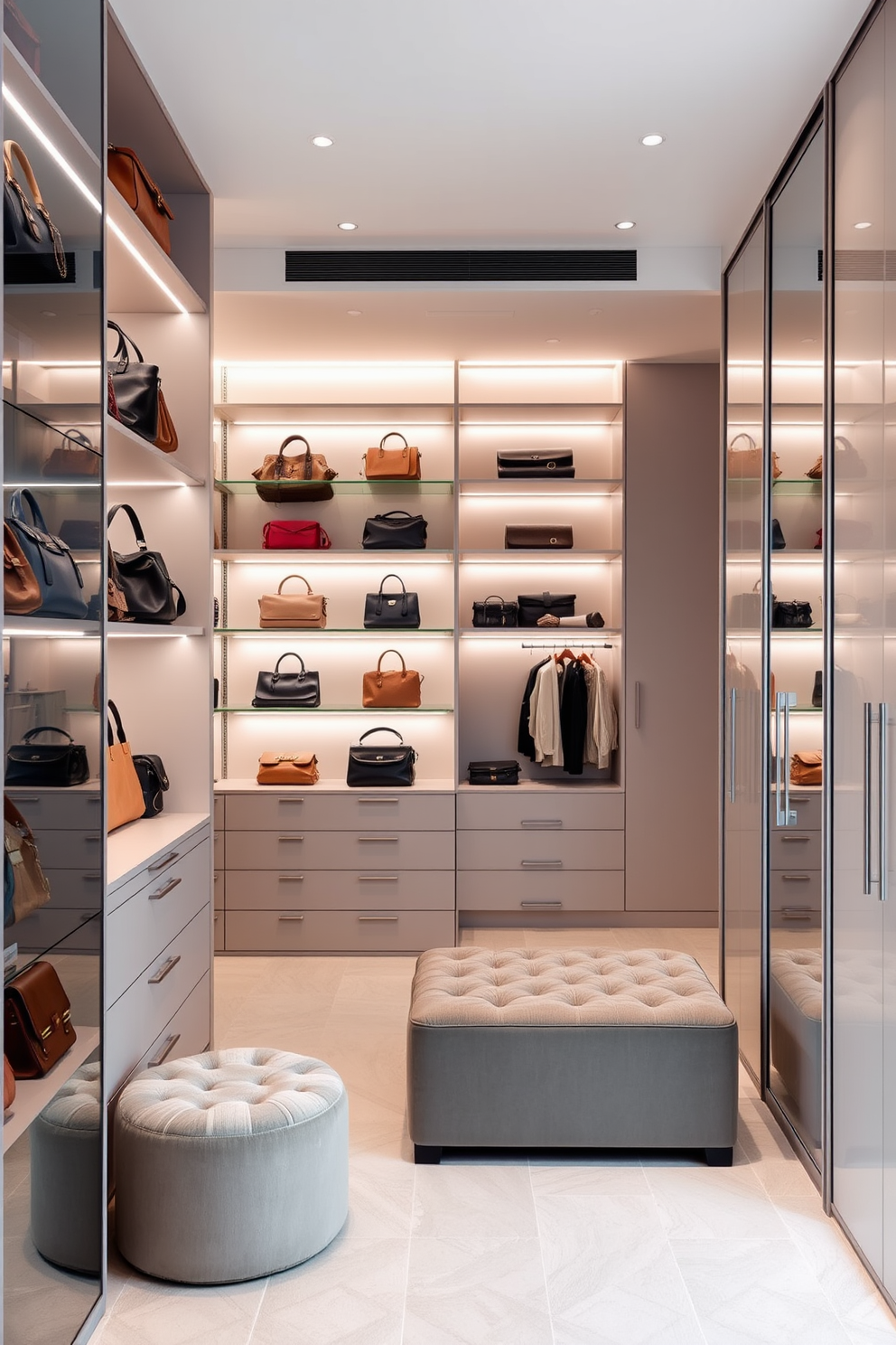 A dedicated space for handbags and purses features custom shelving designed to display a variety of bags. The closet is adorned with soft lighting that highlights the collection and a plush ottoman for comfortable seating. The modern walk-in closet includes sleek cabinetry with a minimalist aesthetic and a central island for accessories. Floor-to-ceiling mirrors create a sense of openness while providing a functional space for dressing.