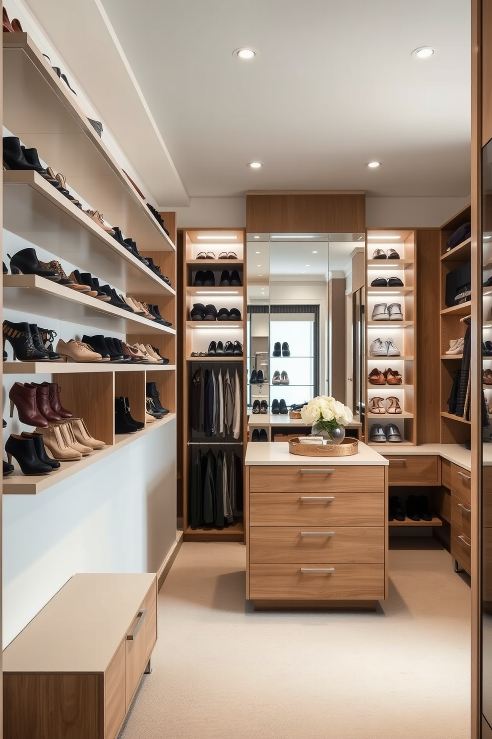 A contemporary walk-in closet features sleek floating shelves that showcase an organized display of shoes and accessories. The walls are adorned with a soft neutral color, creating a calming atmosphere while maximizing storage efficiency. The design includes a central island with drawers for additional storage, complemented by a large mirror that reflects the elegant lighting. Natural wood accents add warmth to the space, enhancing the overall modern aesthetic.