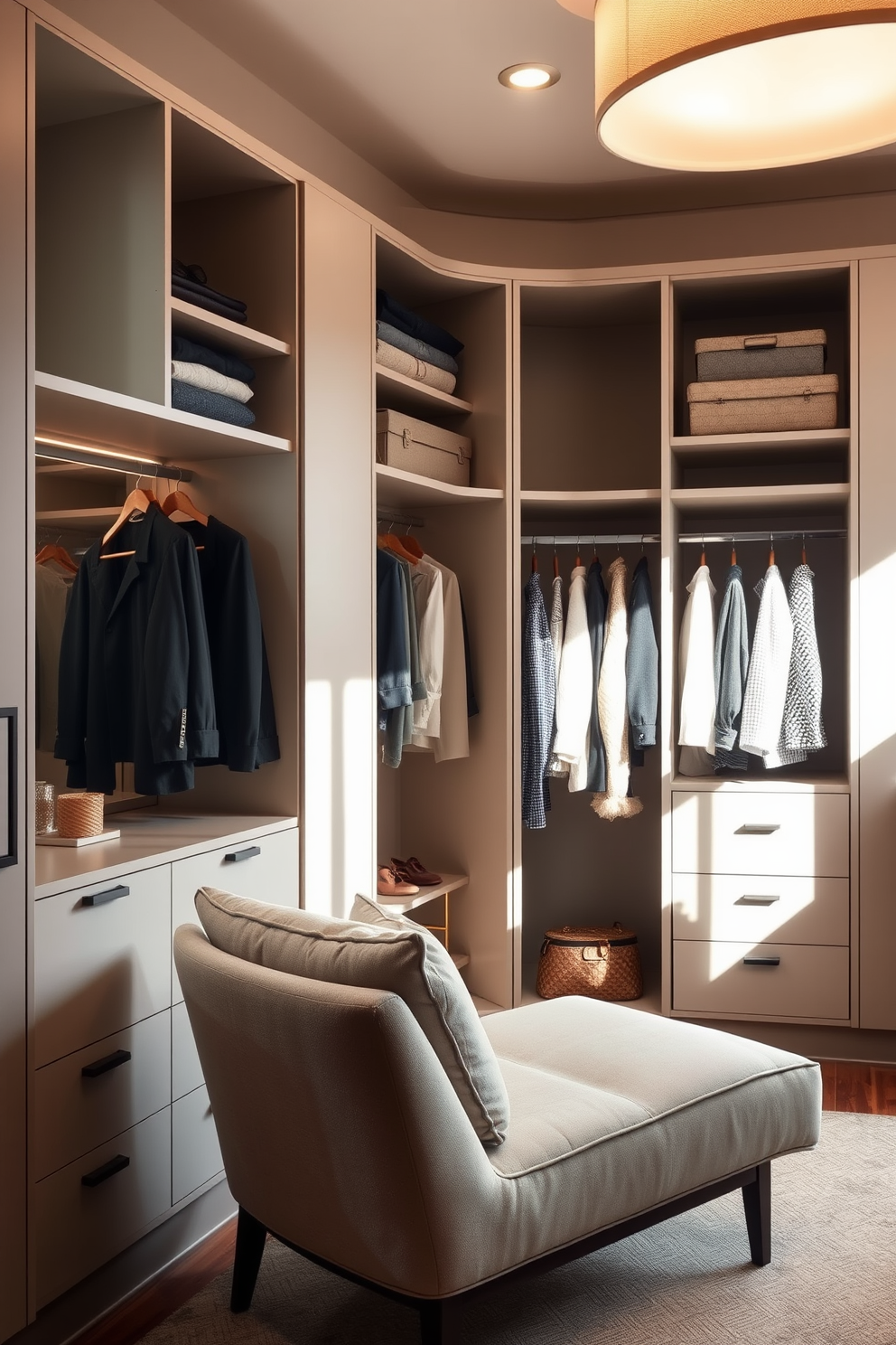 A stylish lounge chair is positioned in a cozy corner of the walk-in closet, featuring soft upholstery in a neutral tone. Natural light filters in through a large window, creating a warm and inviting atmosphere for relaxation while dressing. The walk-in closet is designed with sleek built-in shelving and hanging racks, maximizing storage space while maintaining a minimalist aesthetic. Elegant lighting fixtures illuminate the area, highlighting the curated selection of clothing and accessories on display.