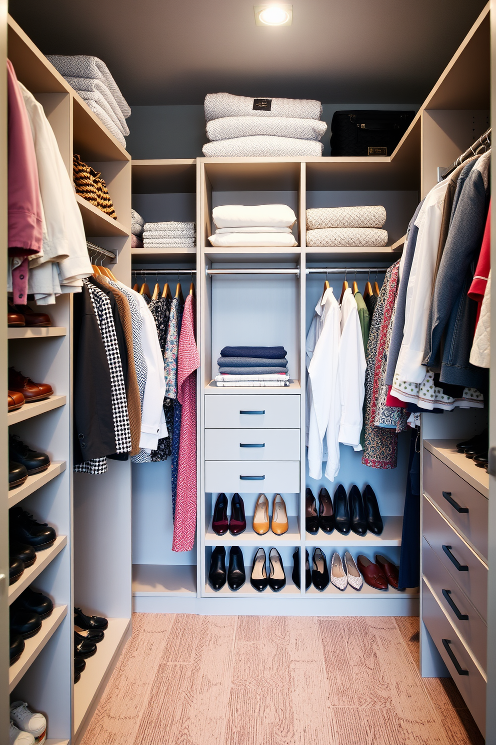 A modern walk-in closet featuring a seasonal clothing rotation system for efficiency. The space includes built-in shelves for shoes and accessories, with hangers organized by season on adjustable rods.