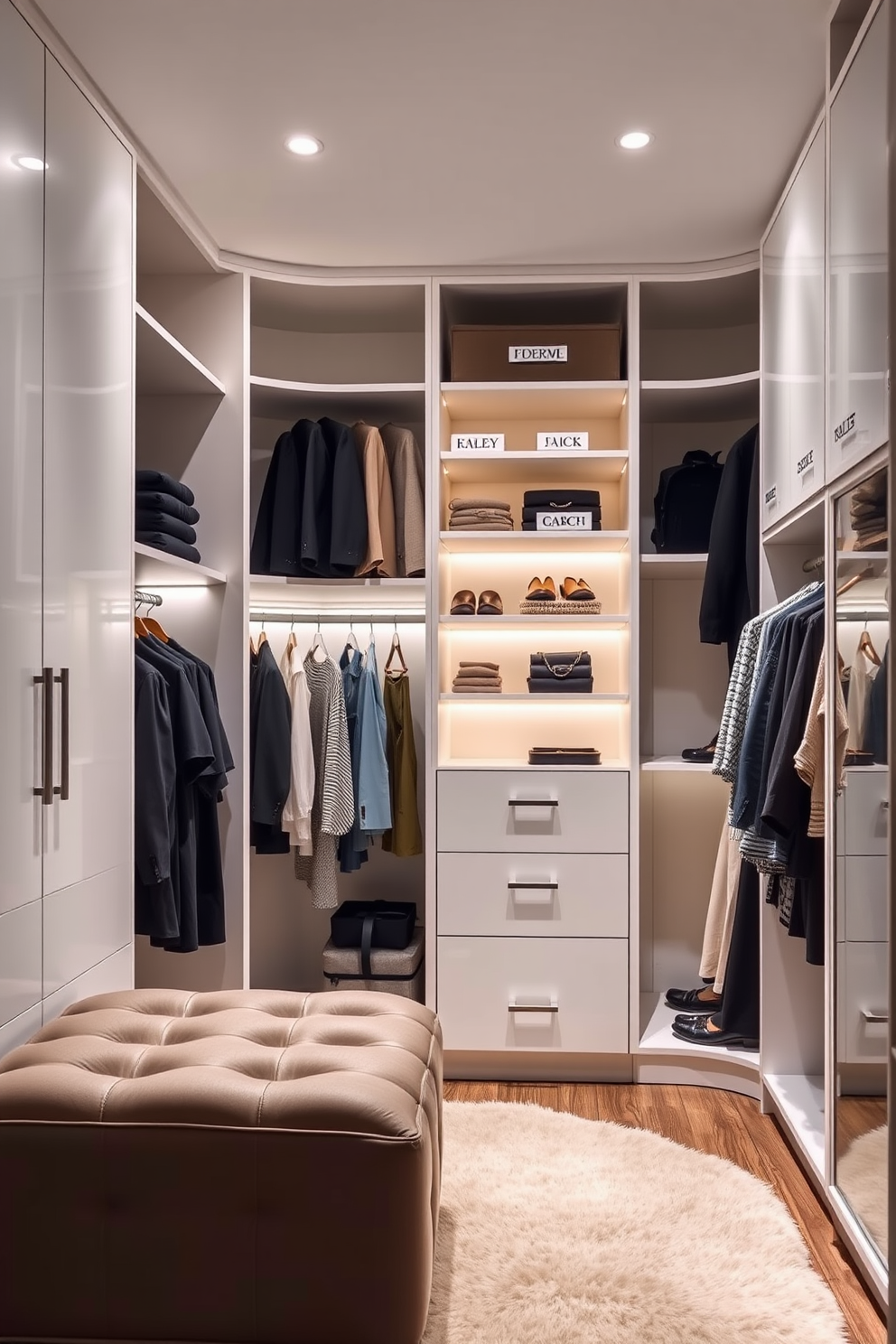 A modern walk-in closet featuring personalized name tags for organization. The space is illuminated by soft LED lighting, and each section is neatly labeled with elegant, minimalist name tags. The closet includes a combination of open shelving and closed cabinetry in a sleek white finish. A plush area rug adds warmth, while a stylish ottoman provides a comfortable seating area for dressing.