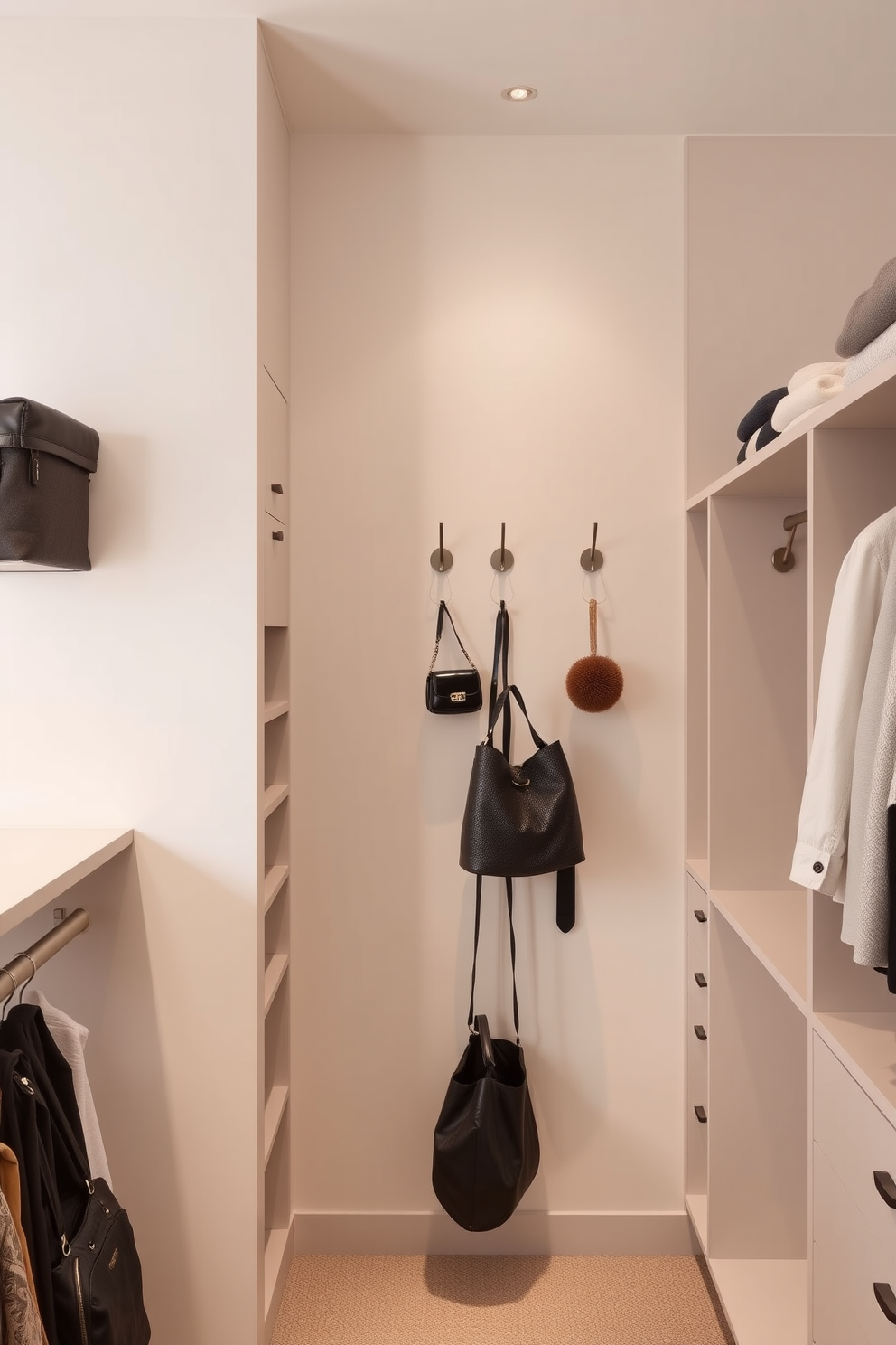 A modern walk-in closet featuring sleek wall-mounted hooks designed for bags and accessories. The closet is spacious with built-in shelving and soft lighting that highlights the organized space.