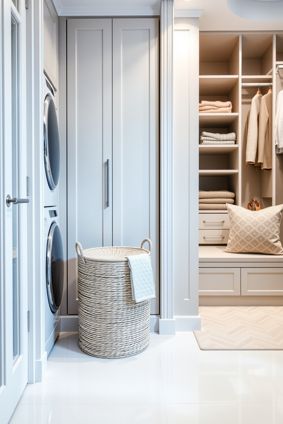 A stylish laundry basket made of woven natural fibers sits in the corner of a bright laundry room. The basket features a lid and handles for practicality, complementing the room's light color palette. The modern walk-in closet is designed with sleek cabinetry and ample shelving for organization. Soft lighting highlights the elegant finishes and a plush seating area adds comfort to the space.