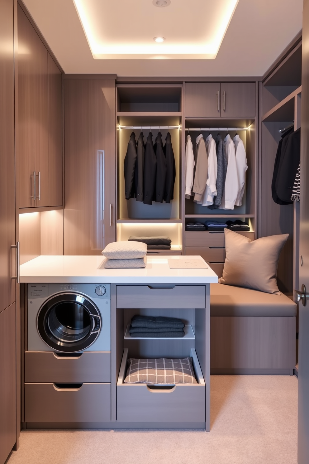 A functional folding station designed for easy garment care. It features a spacious countertop with built-in storage drawers below for organizing laundry essentials. The modern walk-in closet boasts sleek cabinetry and ample hanging space. Soft LED lighting highlights the elegant design while a plush seating area provides comfort for dressing.