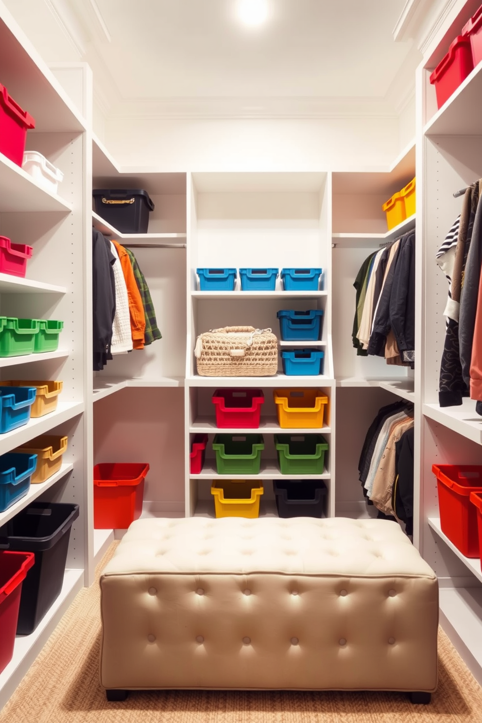 A modern walk-in closet featuring colorful storage bins arranged neatly on open shelves. The walls are painted in a soft white, and a stylish ottoman sits in the center for comfortable seating.