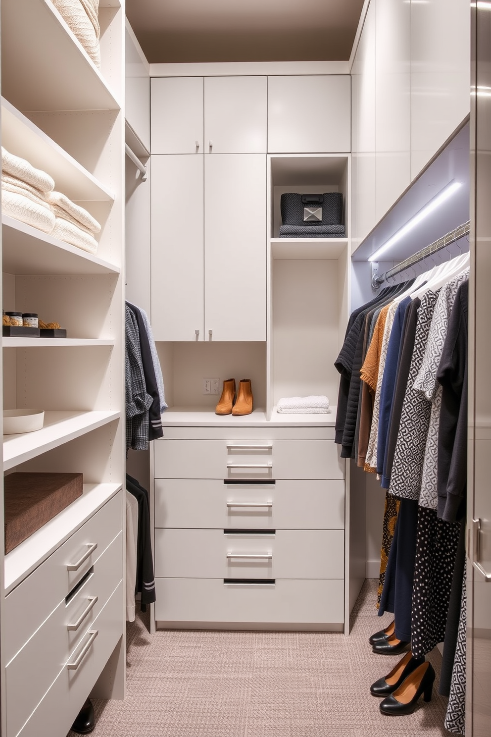 Customizable modular closet systems provide endless flexibility and organization options for any space. Sleek shelving units, adjustable hanging rods, and integrated lighting create a personalized storage solution that adapts to your needs. Modern walk-in closet design ideas feature open layouts that maximize space and functionality. Incorporating a mix of hanging areas, drawers, and shoe racks ensures everything has its place while maintaining a stylish aesthetic.