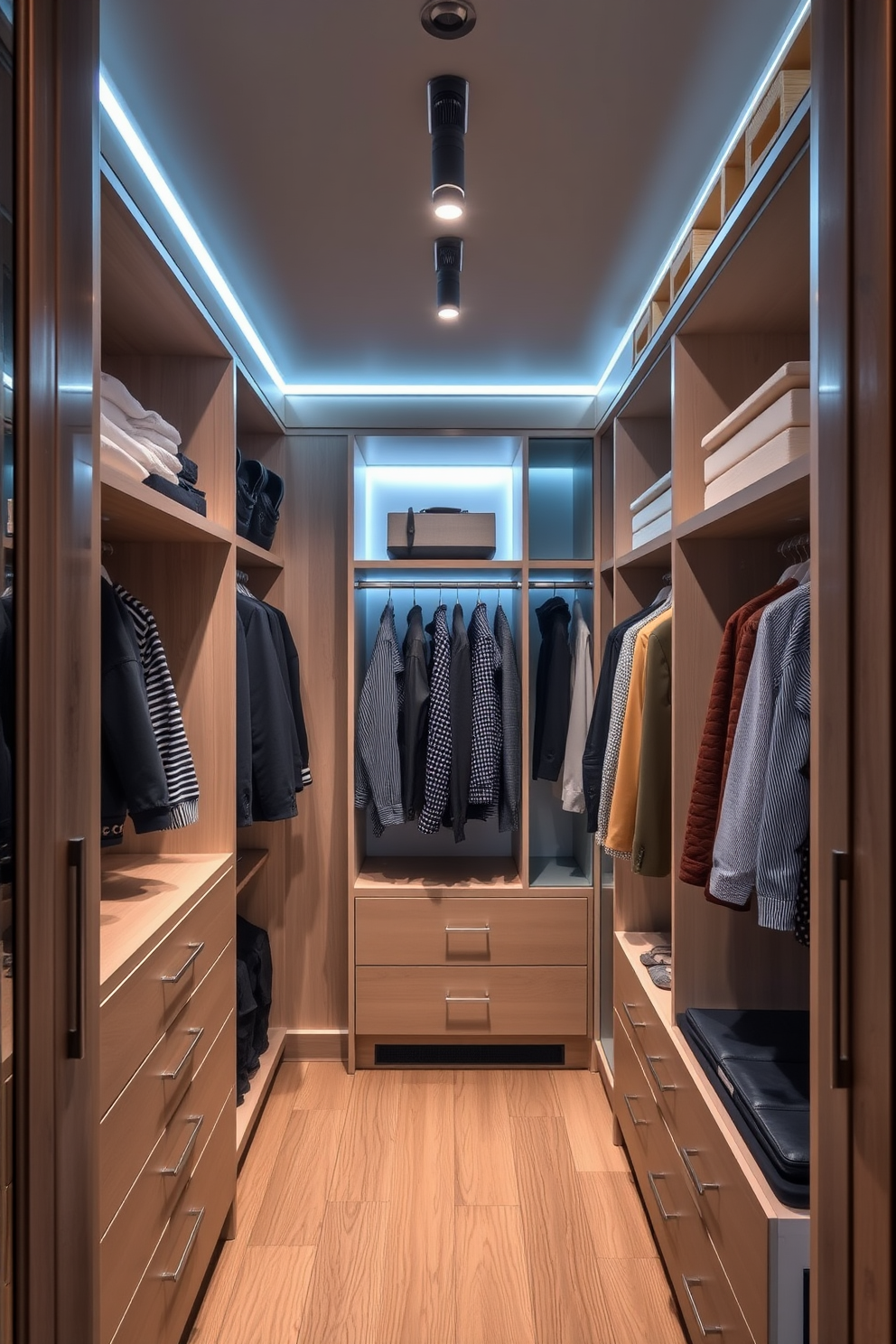 A modern walk-in closet features smart technology integration for convenience with automated lighting that activates upon entry. Custom shelving and drawers are designed to maximize space, while a built-in sound system enhances the experience.