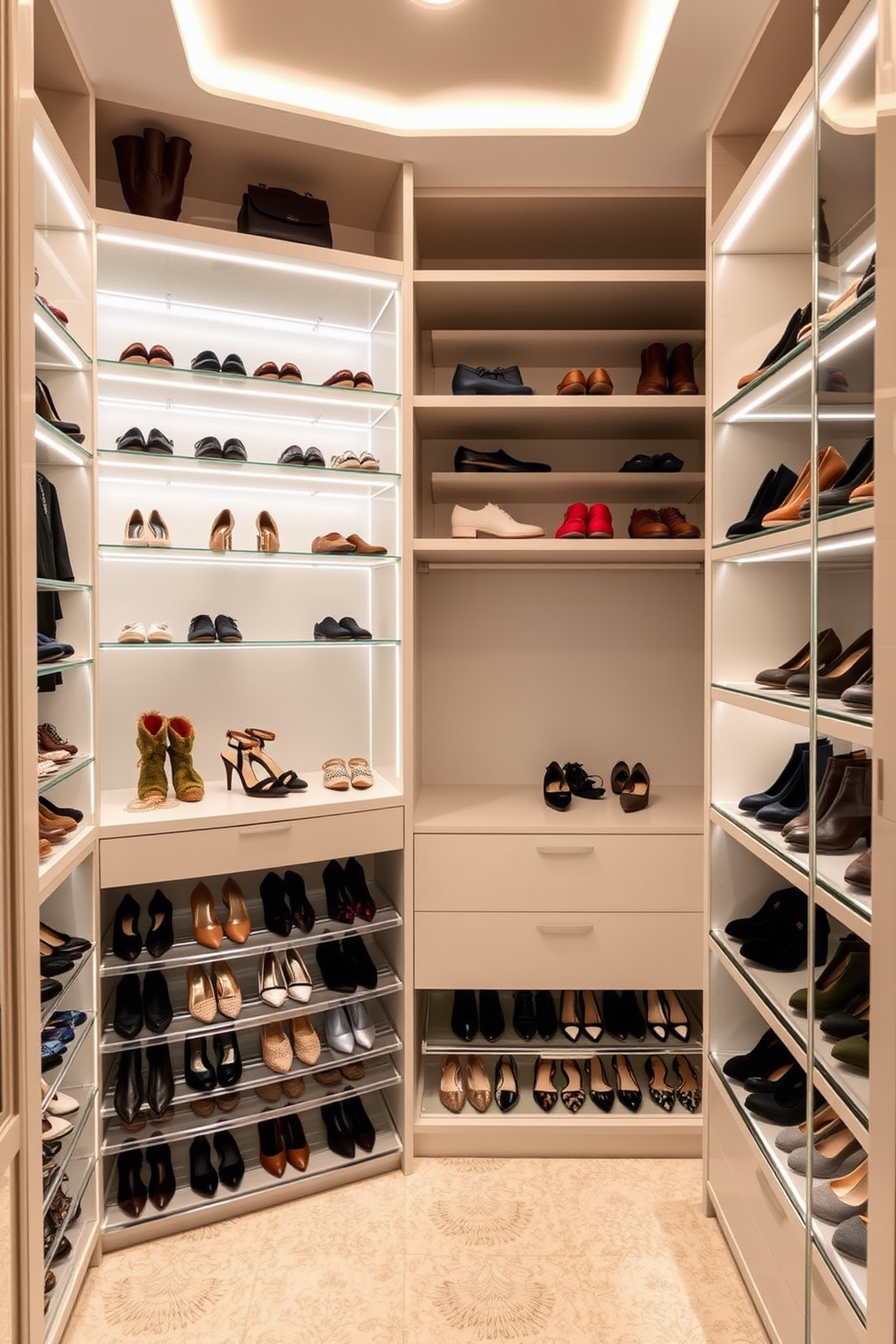 A modern walk-in closet featuring sleek spinning shoe racks designed for efficient organization. The space is illuminated by soft LED lighting, with elegant shelving that showcases an array of stylish shoes and accessories.