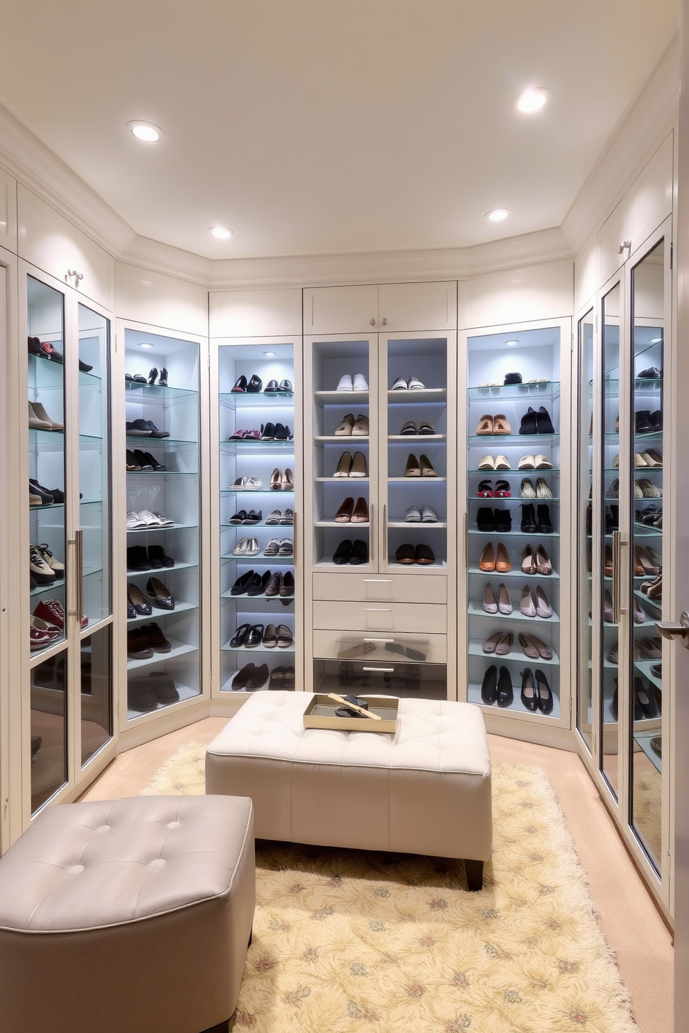 A modern walk-in closet features glass-front cabinets that elegantly showcase shoes and accessories. The space is illuminated by soft recessed lighting, creating a warm and inviting atmosphere. The walls are painted in a soft neutral tone, enhancing the brightness of the area. A plush area rug adds comfort underfoot, while a stylish ottoman provides a convenient seating option.