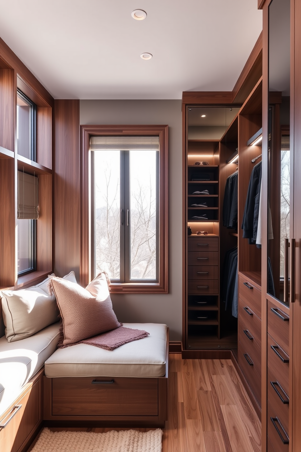 A cozy built-in seating area with plush cushions and a soft throw blanket. Large windows allow natural light to flood the space, highlighting the warm wood tones of the built-in shelves. A modern walk-in closet featuring sleek cabinetry and ample storage solutions. Soft LED lighting illuminates the space, creating an inviting atmosphere for organizing clothing and accessories.