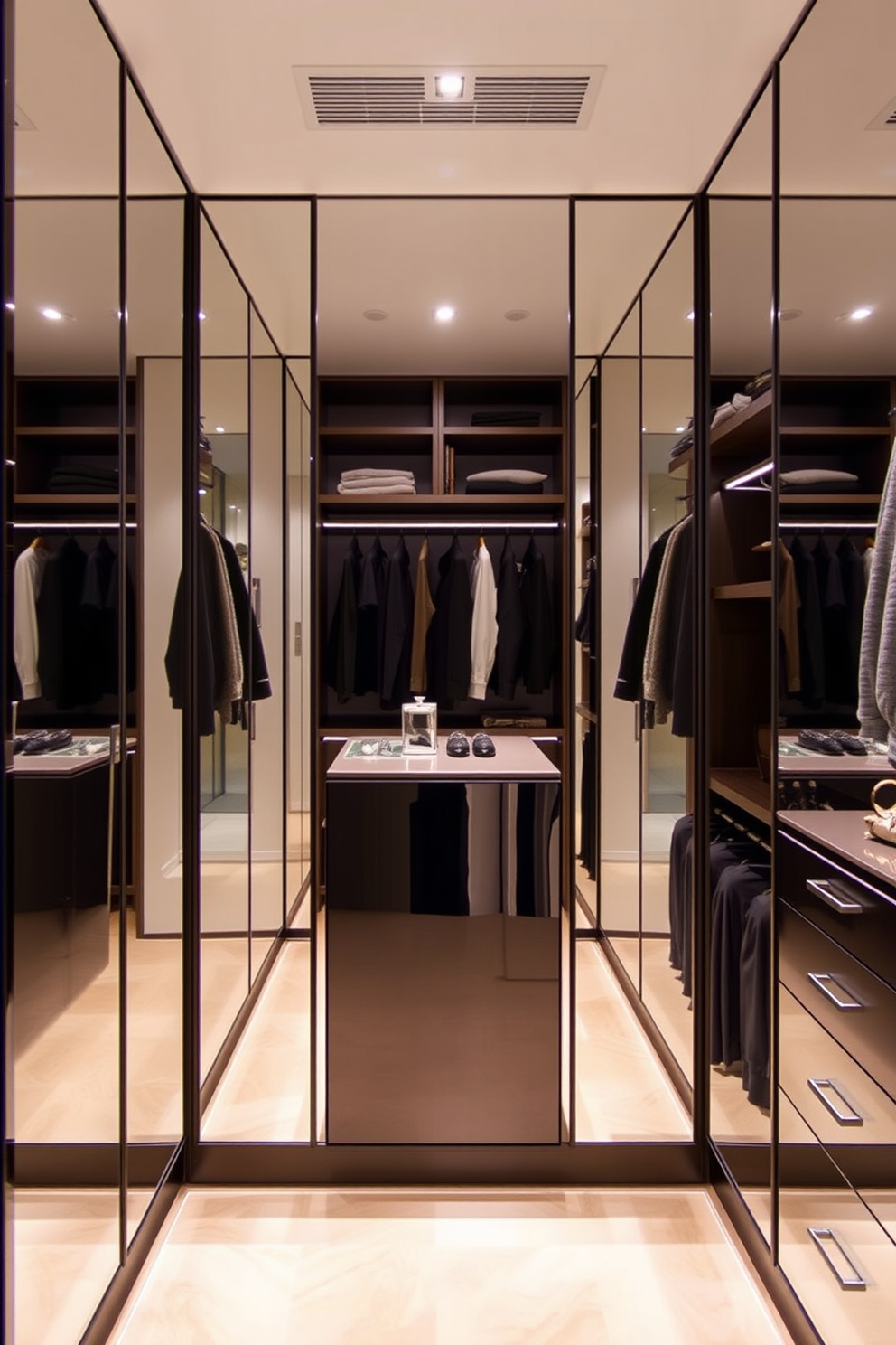 A modern walk-in closet features mirrored walls that enhance the sense of space and depth. The design includes sleek shelving units and a central island for accessories, creating an organized and luxurious atmosphere.