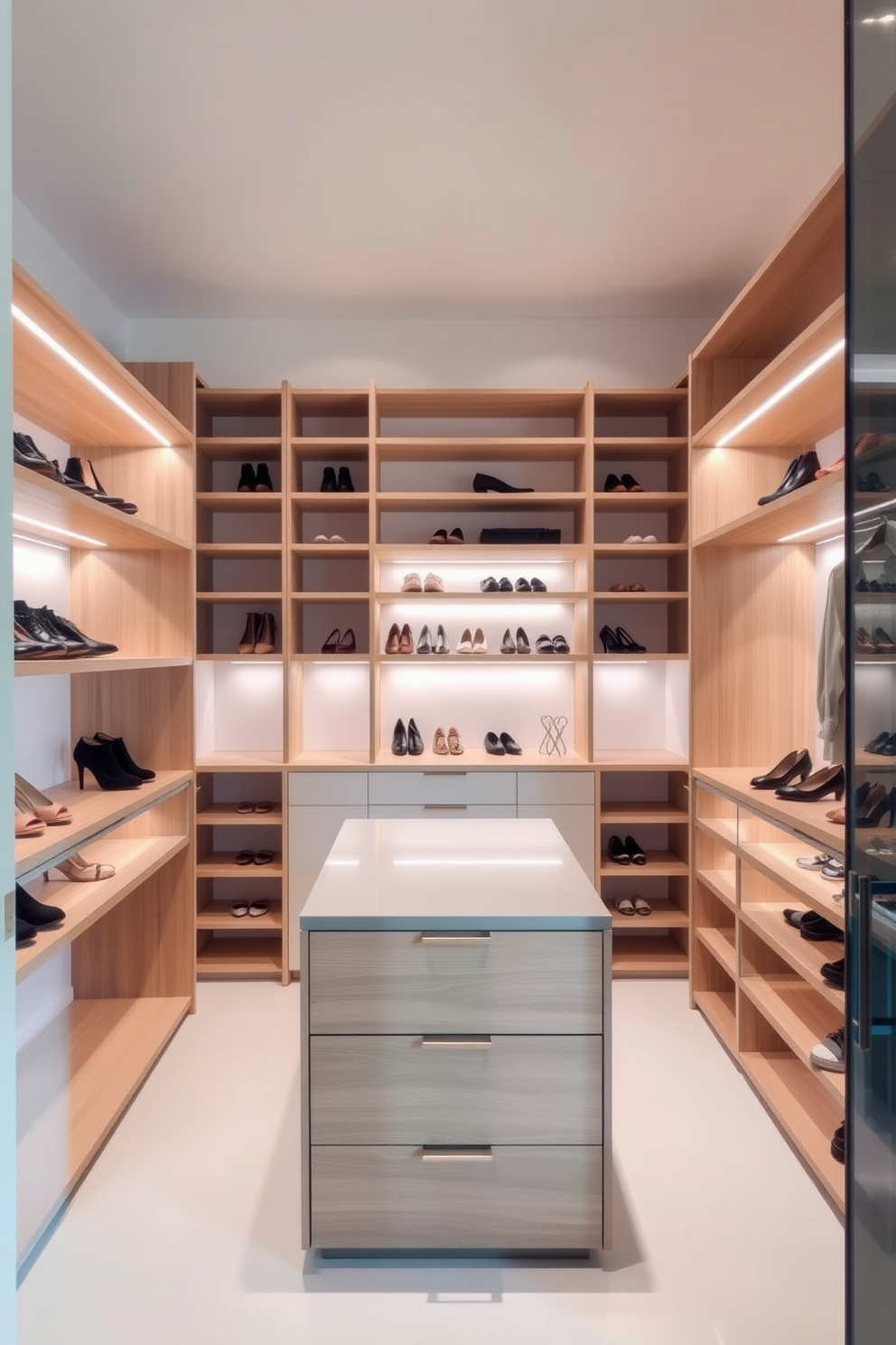 A modern walk-in closet featuring open shelving for easy access and display. The shelves are made of light wood, providing a warm contrast to the sleek, white walls. The closet includes a central island with drawers for additional storage, topped with a stylish countertop. Soft lighting illuminates the space, highlighting the organized arrangement of shoes and accessories on display.