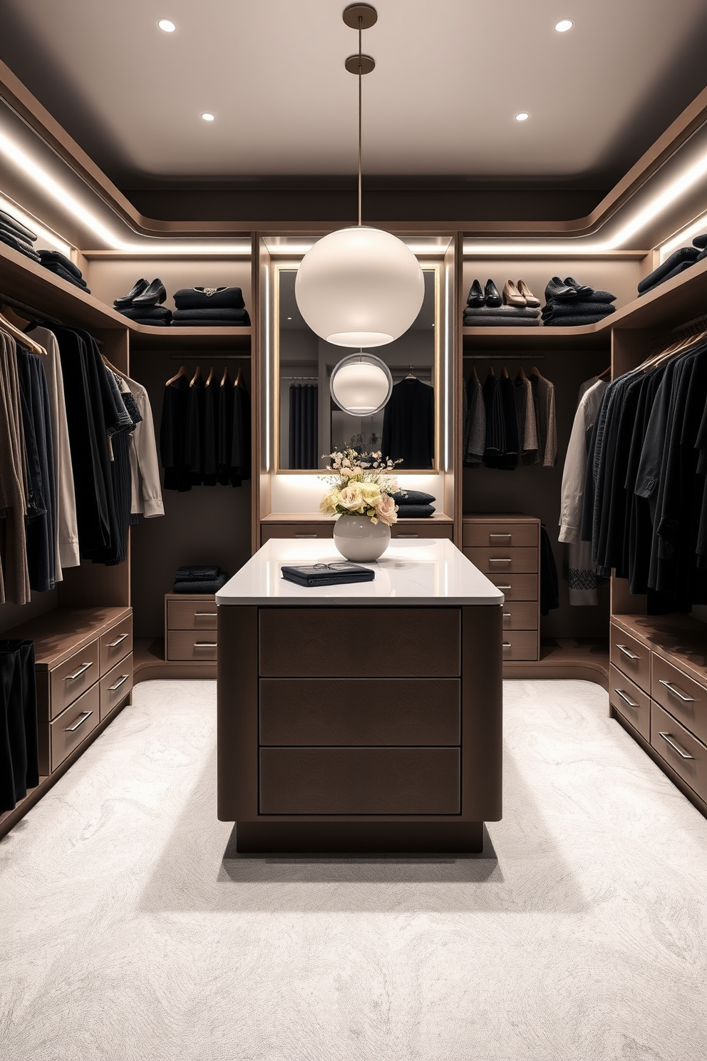 A modern walk-in closet featuring luxe velvet hangers that enhance the chic aesthetic. The spacious design includes a central island with ample storage and soft lighting to highlight the elegant finishes.